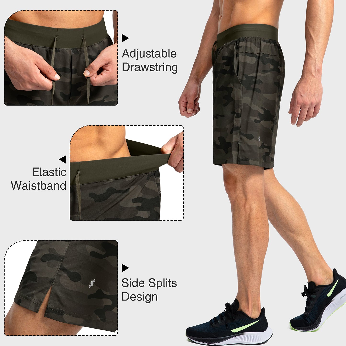 Soothfeel Men's Running Shorts with Zipper Pockets 7 Inch Lightweight Quick Dry Gym Athletic Workout Shorts for Men (Green Camo, XS)