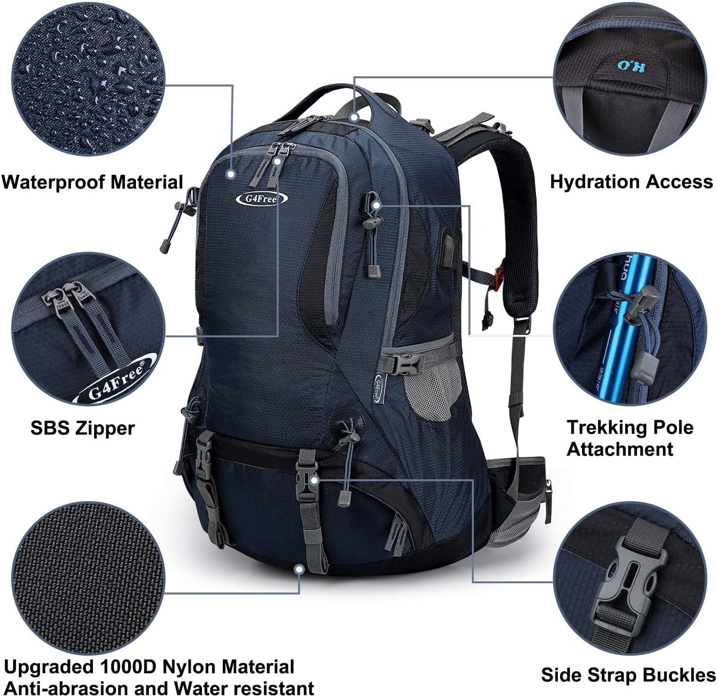 G4Free 50L Hiking Backpack Waterproof Daypack Outdoor Camping Climbing Backpack with Rain Cover for Men Women