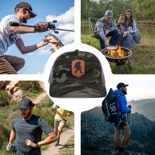 Pnkvnlo Mesh Bigfoot Hat Leather Cap for Men- Great Snapback Closure Sasquatch Hat for Hunting & Hiking-Leather-Camo