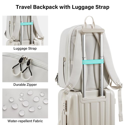 Hanke Expandable Travel Backpack for Women Men, 30L Carry On Backpack Flight Approved, Water Resistant Personal Item Travel Bag Fits 15.6 Inch, Dry & Wet Pocket Weekender Daypack, Off-White