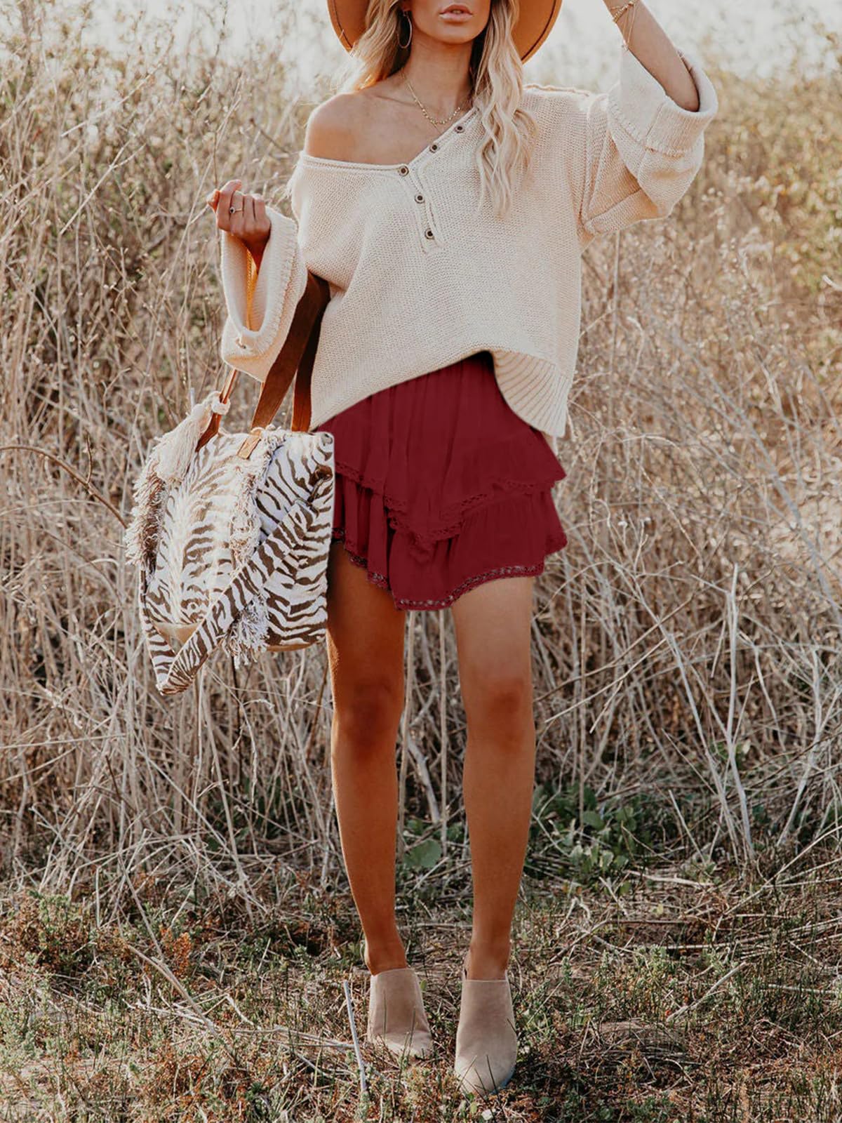 Aoudery Flowy Shorts for Women Casual Boho Ruffle Tiered Skorts High Waist Mini Skirts Golf Tennis Butterfly Crochet Shorts - Red XS
