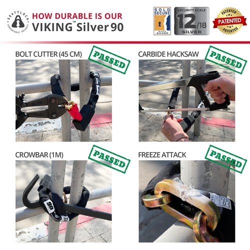 Seatylock Viking Bike Chain Lock with Key - Magnetic Patented Sold Secure Silver Rated - Heavy Duty Anti Theft - Smart Ultra Security Bicycle Lock (35.5 Inch)
