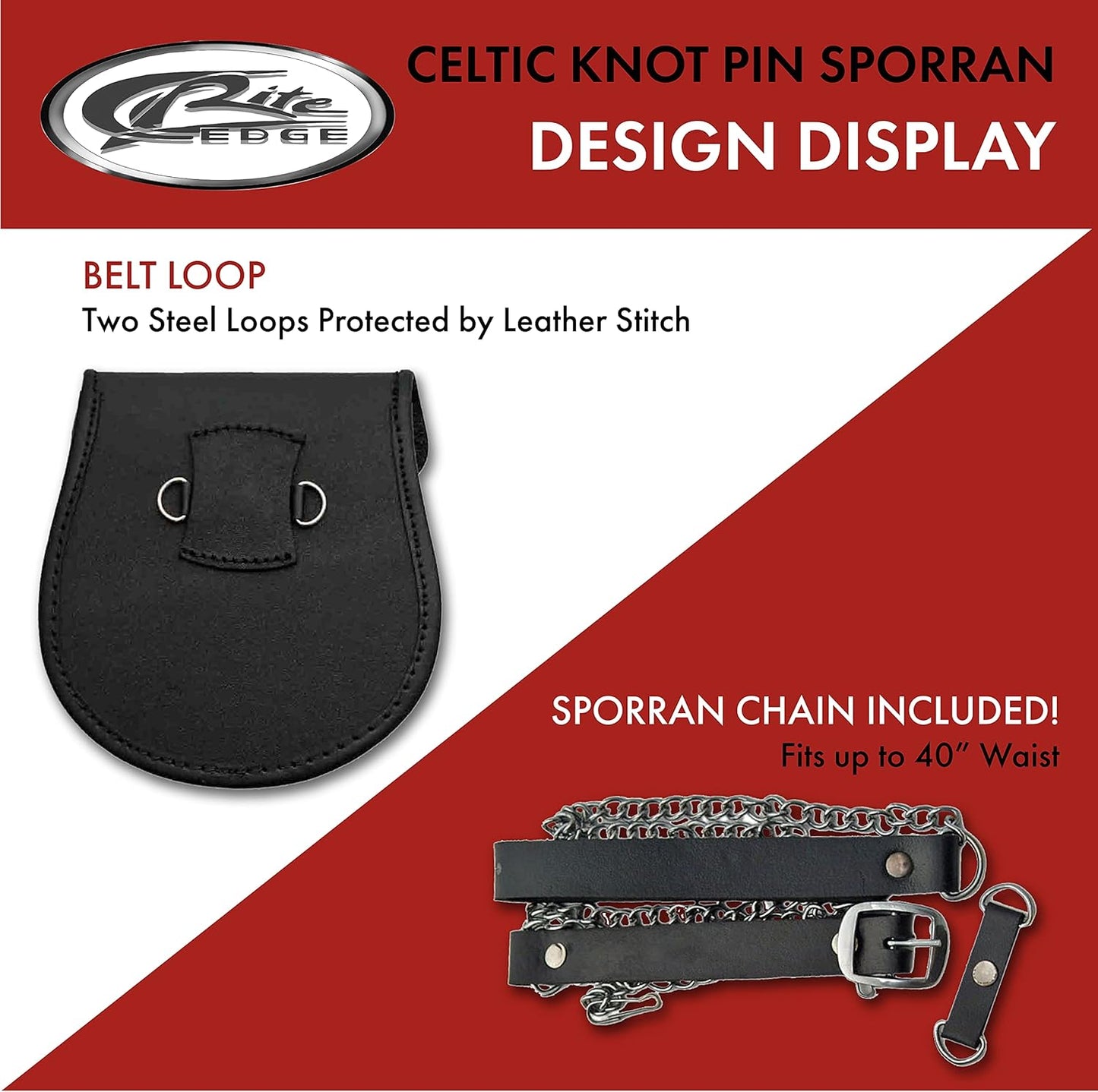 SZCO 8" Celtic Knot Leather Sporran with Adjustable Chain & Belt, Black – Tassel Design, Stainless Steel Pin – Perfect for Kilts, Costumes, and Events
