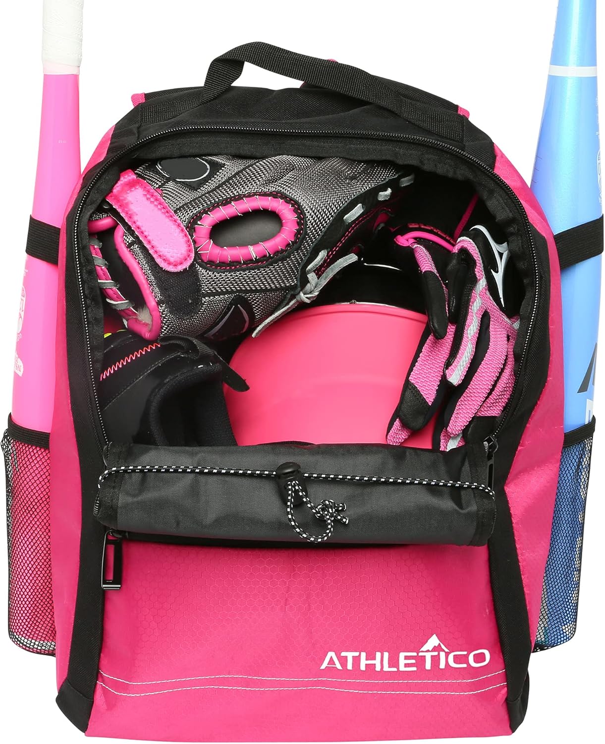 Athletico Youth Baseball Bag - Bat Backpack for Baseball, T-Ball & Softball Equipment & Gear | Holds Bat, Helmet, Glove | Fence Hook (Pink)