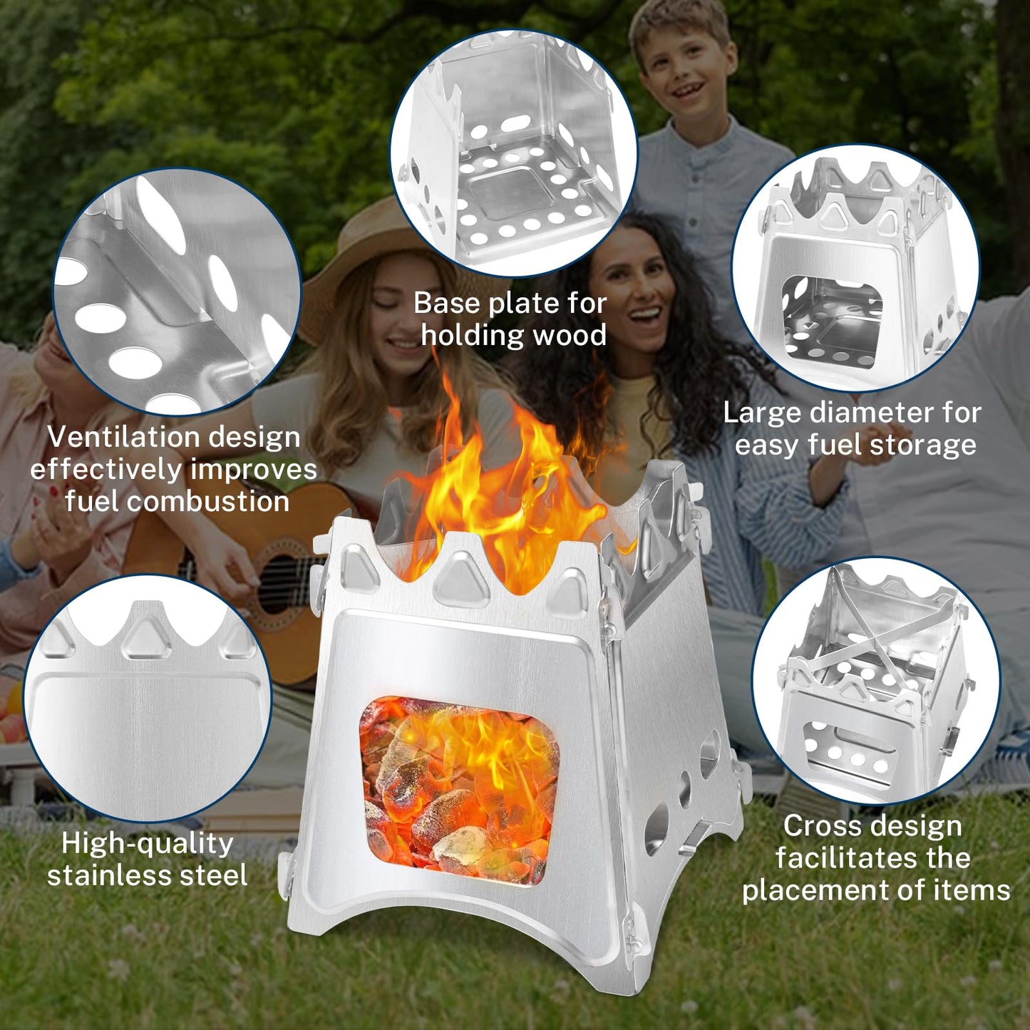 FAMJOALE Folding Wood Burning Stove, Outdoor Portable Camping Stove, Wood Backpacking Stove, Stainless Steel Hiking Stove for BBQ Picnic