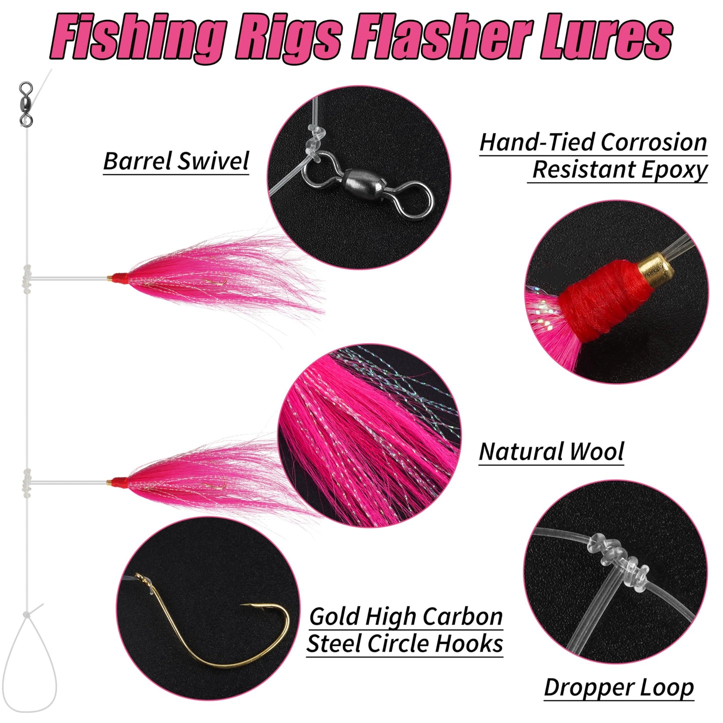 Fishing Bait Rigs Saltwater, 3/6packs Flounder Rigs with Bucktail Teaser Mylar Teaser Mono Leader Swivels Fishing Rig for Flounder Sea Bass Halibut Black Fish