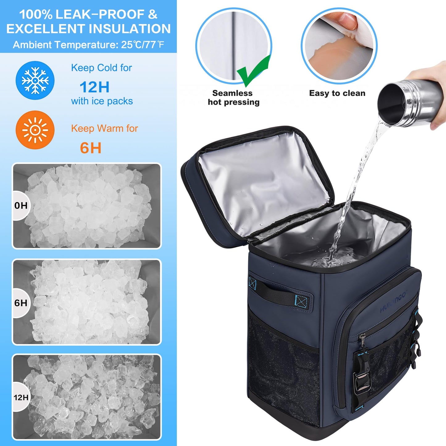 Hulongo 48Cans Large Cooler Backpack, Leakproof Insulated Backpack Cooler for Men & Women, Waterproof, 30L, Dark Blue