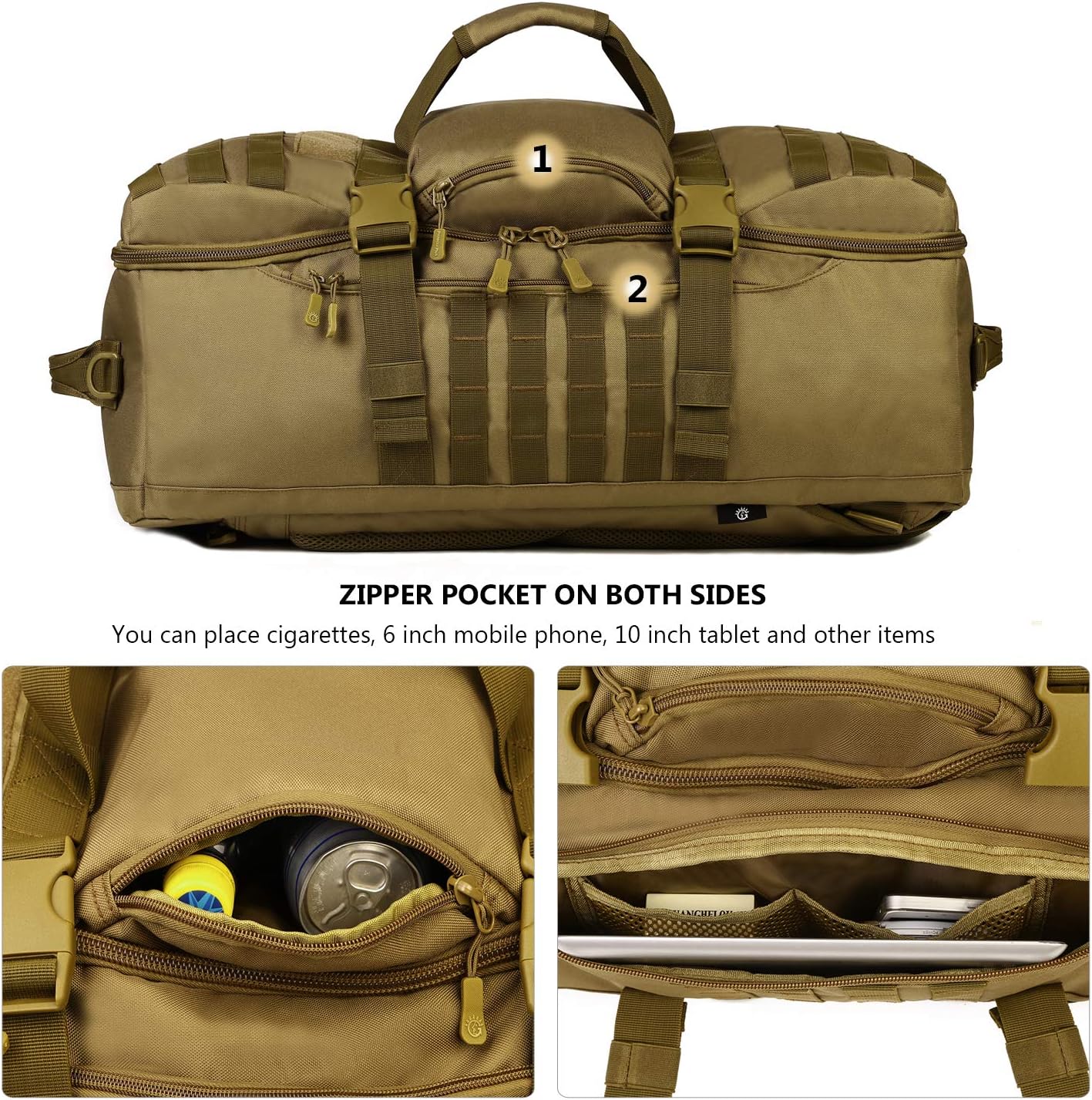 ArcEnCiel60L Outdoor Tactical Duffel Backpack Military Waterproof Suitcase Sport Luggage Hiking Camping Bag（Rain Cover+Patch）