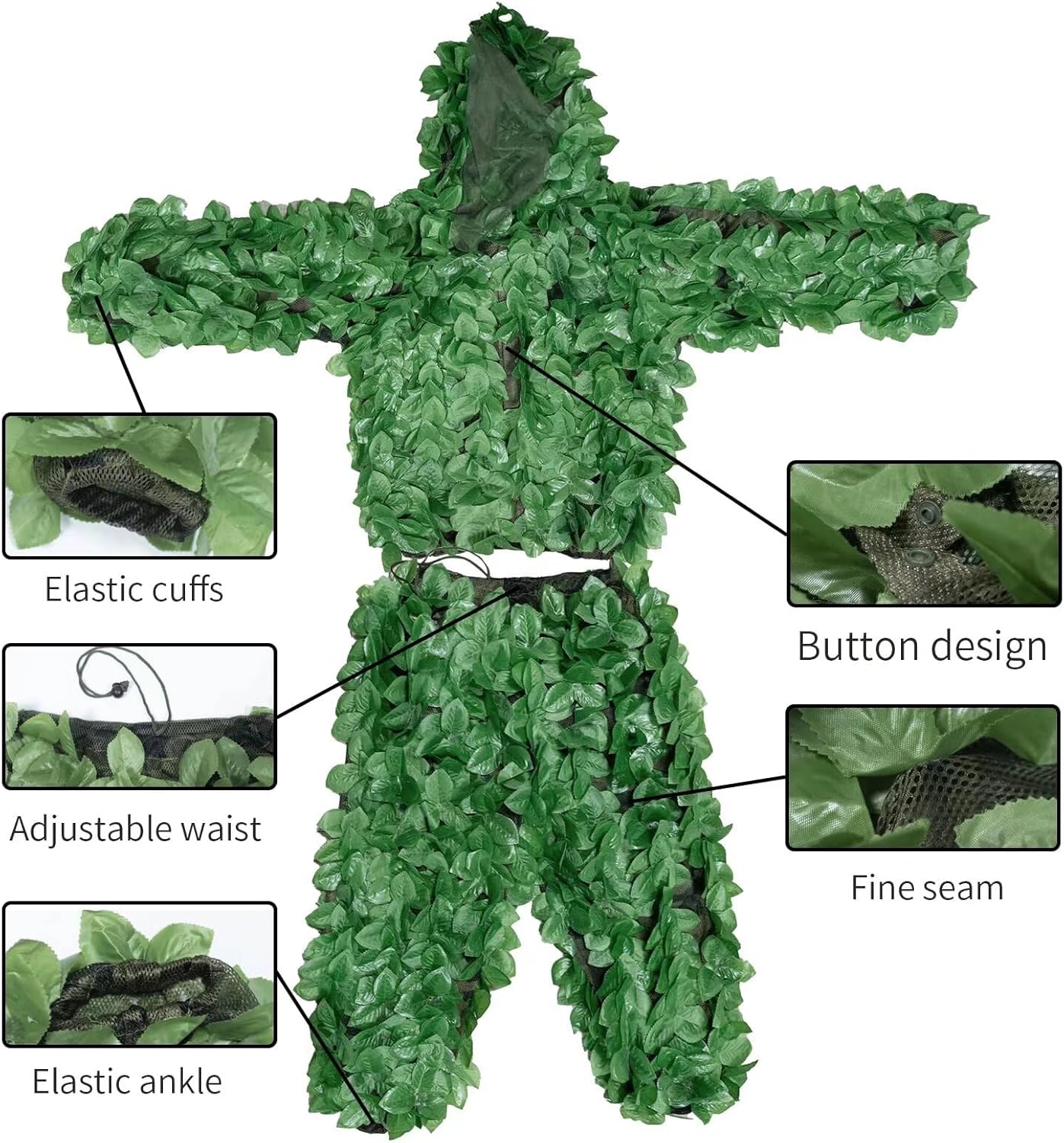 HYOUT Hooded Ghillie Suit Camo Suit Woodland Forest Military 3D Green Leafy Clothing Costume for Jungle Halloween Party