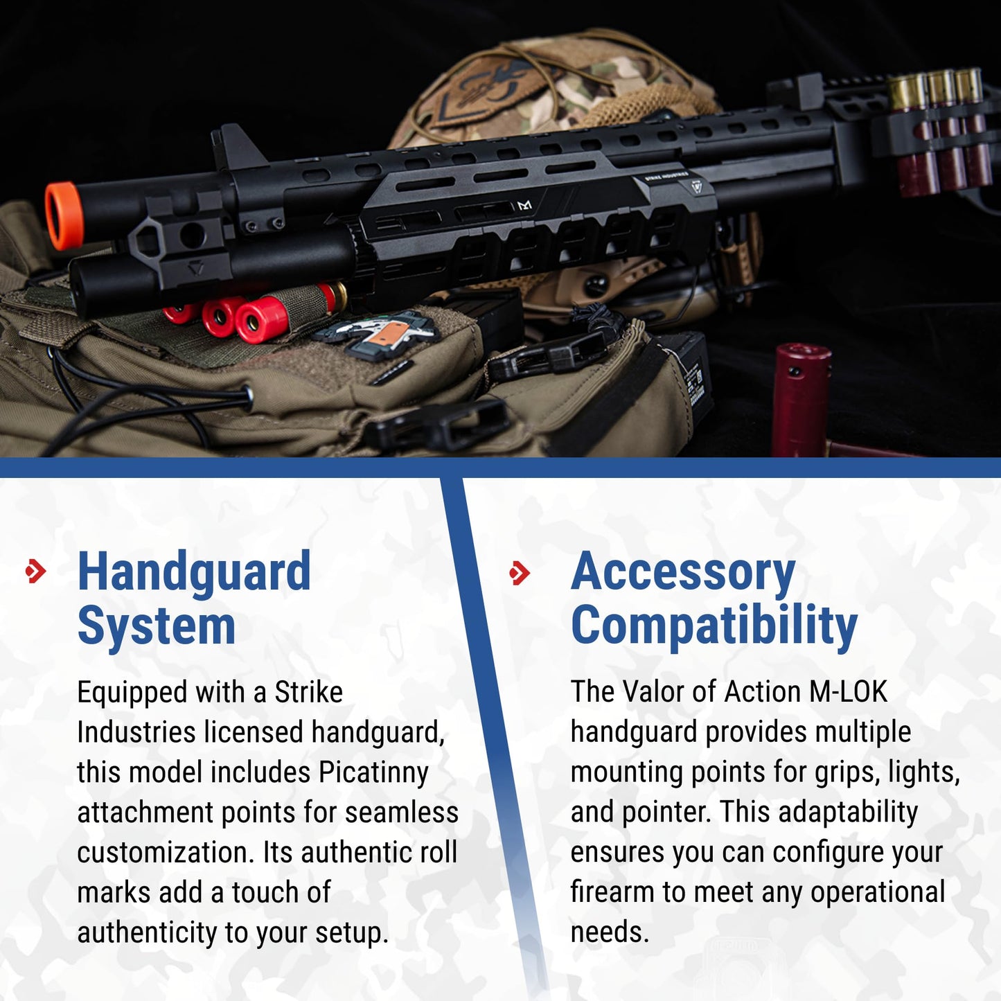 Evike Airsoft - EMG Strike Industries Licensed M870 Gas Powered Pump Action Airsoft Shotgun w/MLOK H-Guard by Golden Eagle (Color: Black)