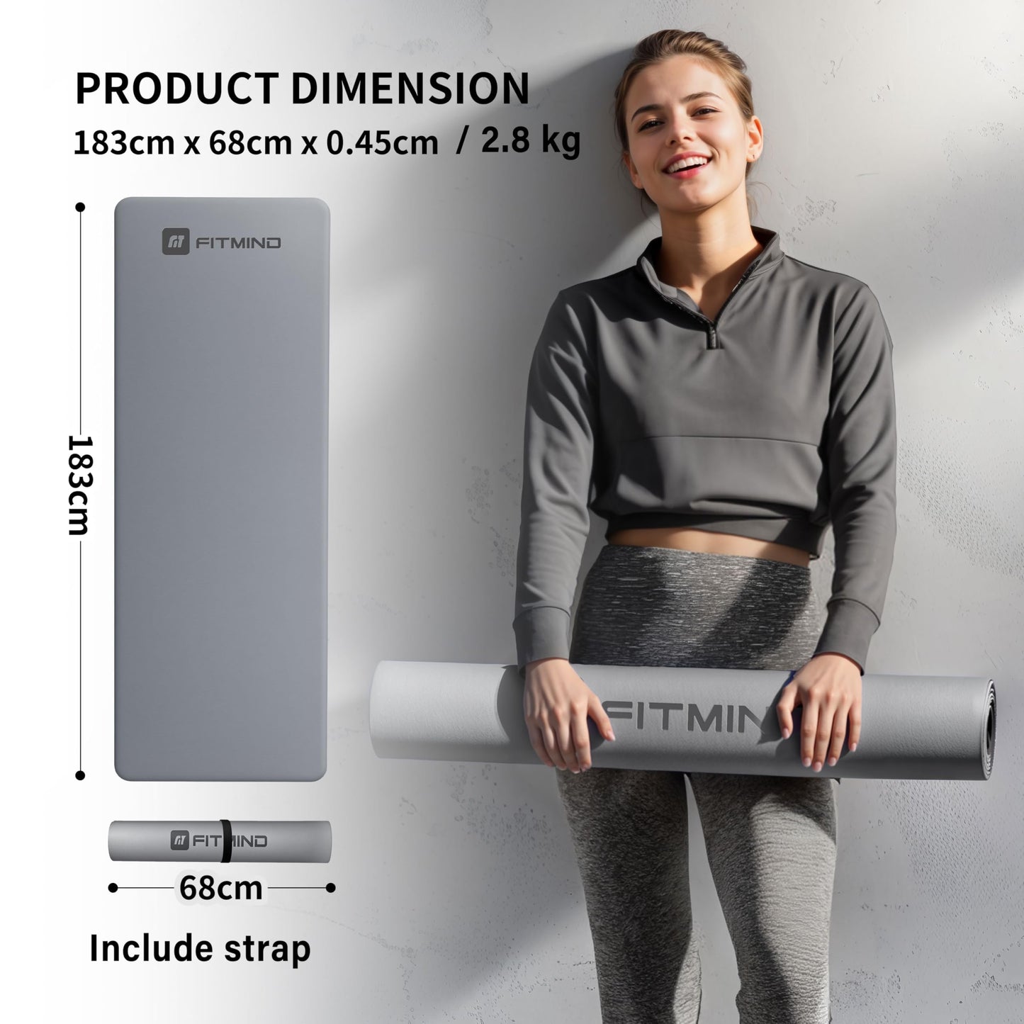 FITMIND Professional PU Rubber Yoga Mat, Double-Sided Non Slip Sweat Resistant Exercise Mat for Men Women, Comfortable Extra Long & Wide for Yoga, Pilates, Fitness, Home Gym, 72"×26.8"×0.18"(4.5mm)Thick