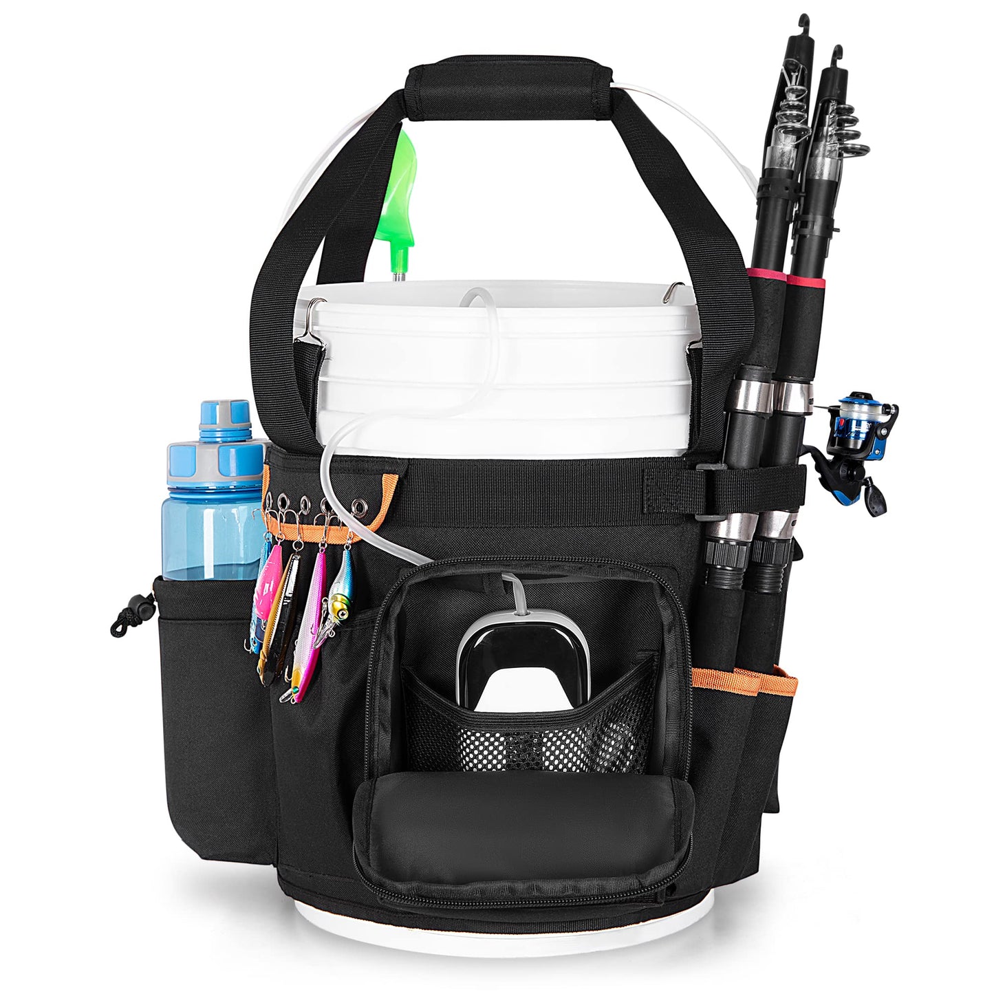 GOBUROS Fishing Bucket Organizer for 5 Gallon Bucket with Adjustable Buckle, Rod and Plier Holder and Multi-Pockets for Fishing Gear (Bucket not Included)