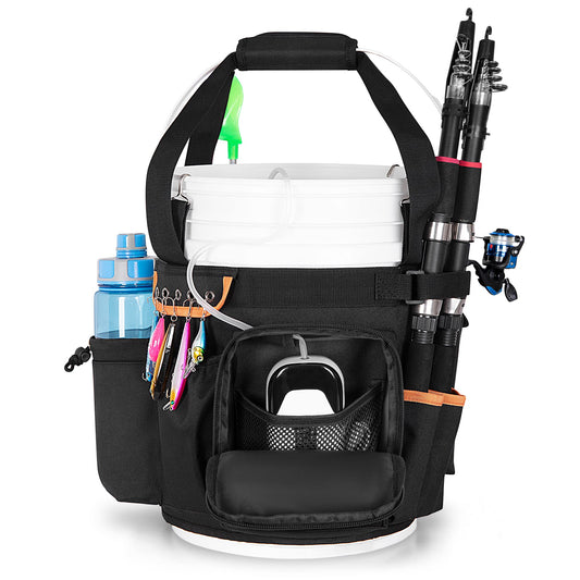 GOBUROS Fishing Bucket Organizer for 5 Gallon Bucket with Adjustable Buckle, Rod and Plier Holder and Multi-Pockets for Fishing Gear (Bucket not Included)