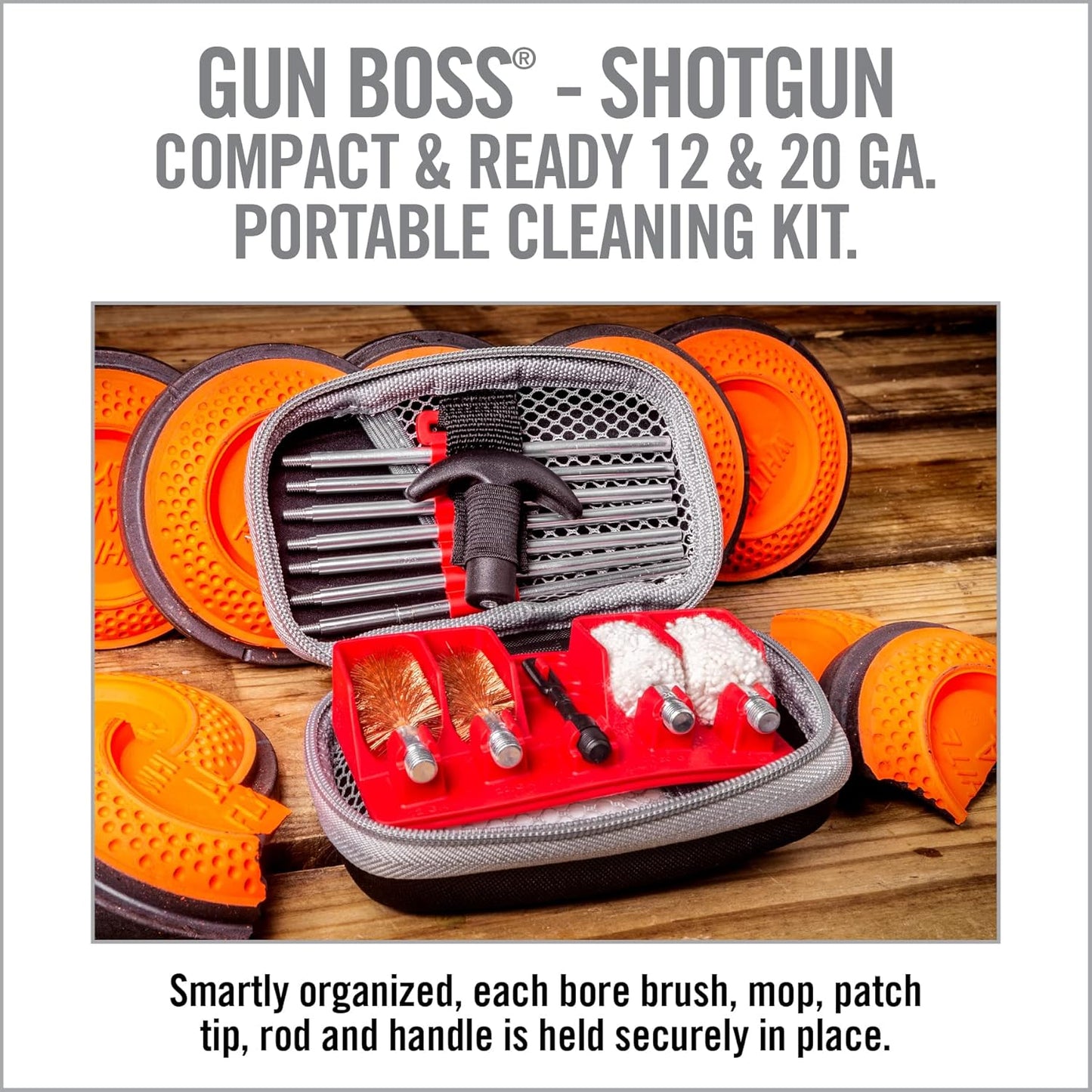 Real Avid Shotgun Cleaning Kit – Compact Cleaning Case for 12 and 20 Gauge with 7 Section Rod, Bronze Brushes, Mops, Bore Patch Tip, Thread Adaptor and 50 Patches - Trap & Hunting Maintenance Kit