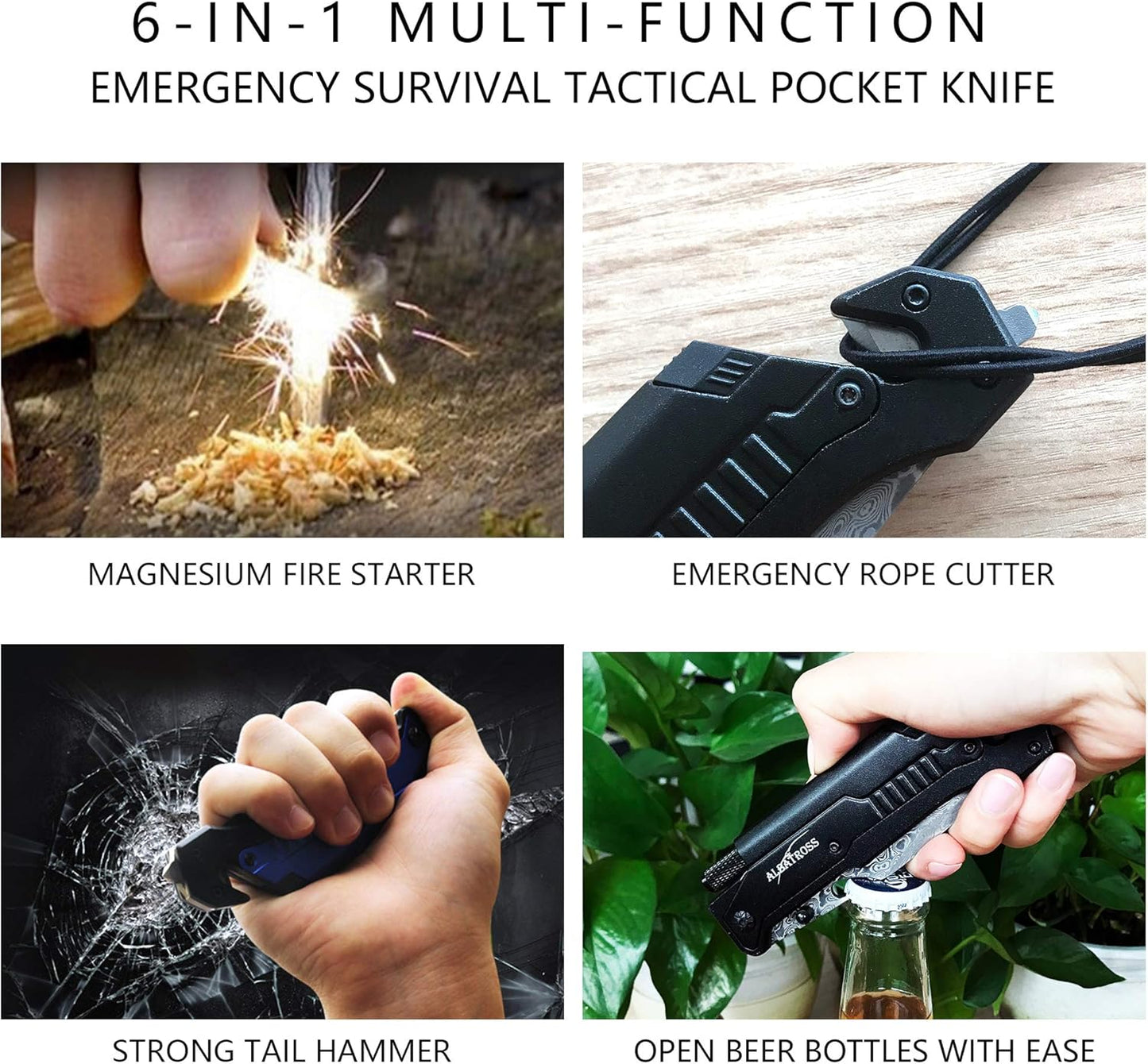 ALBATROSS 6-in-1 Survival Tactical Military Folding Pocket Knives with LED Light,Seatbelt Cutter,Glass Breaker,Magnesium Fire Starter,Bottle Opener;Multi-Function Emergency Tool(Black)