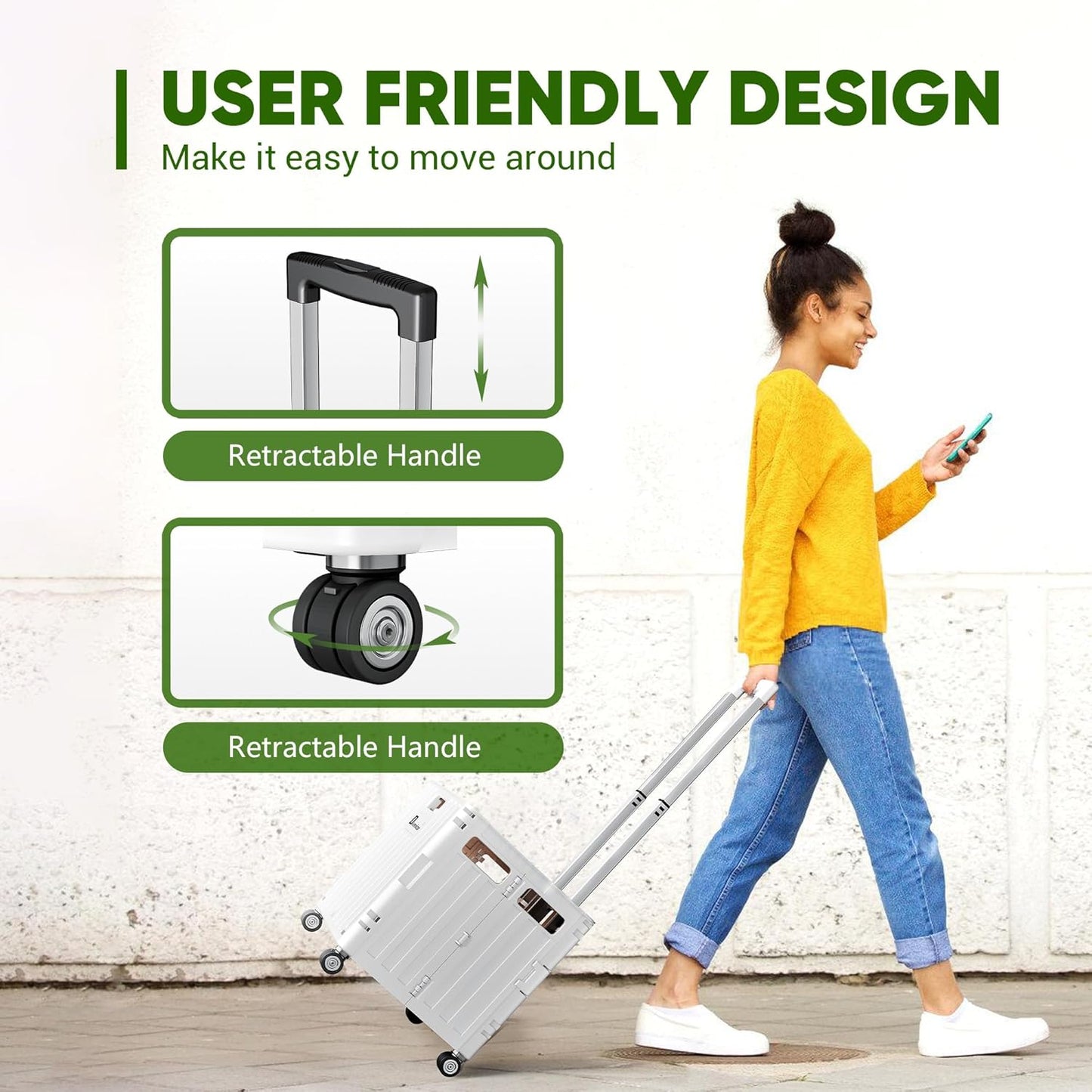 Folding Utility Cart with Lid, Portable Rolling Crate Handcart Collapsible Shopping Trolley, Durable Plastic Foldable Tool Basket with 4 Rotate Wheels for Grocery, Office, Luggage, School - White