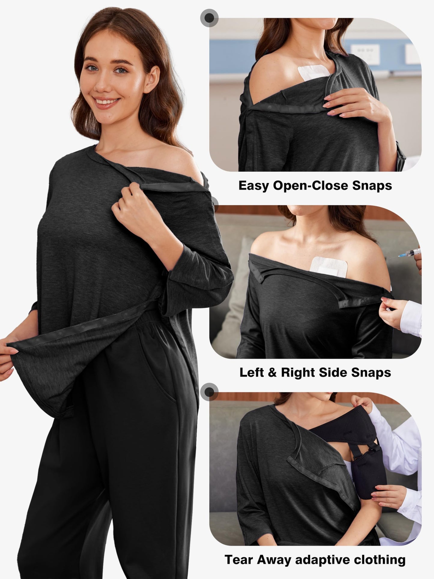 Deyeek Post Shoulder Surgery Shirts for Women Tear Away Snap Recovery Shirt Women Full Snap Access Dialysis Chemo Clothing 3XL