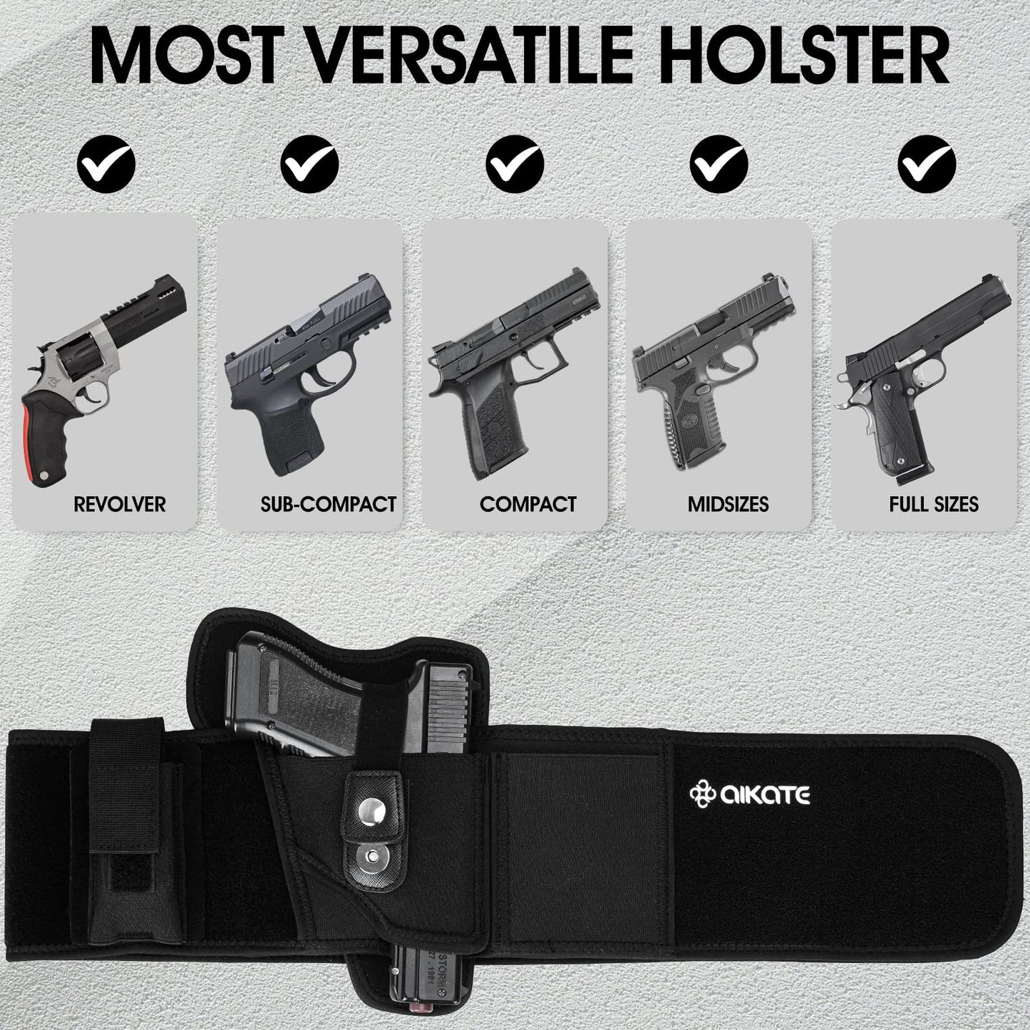 AIKATE Upgraded Belly Band Holster for Concealed Carry, Deep Concealment Gun Holster for Men, Waistband Holsters Fits for Glock 19, 17, M&P Shield 9MM Most Pistols (Fits Belly Up to 45", Right)