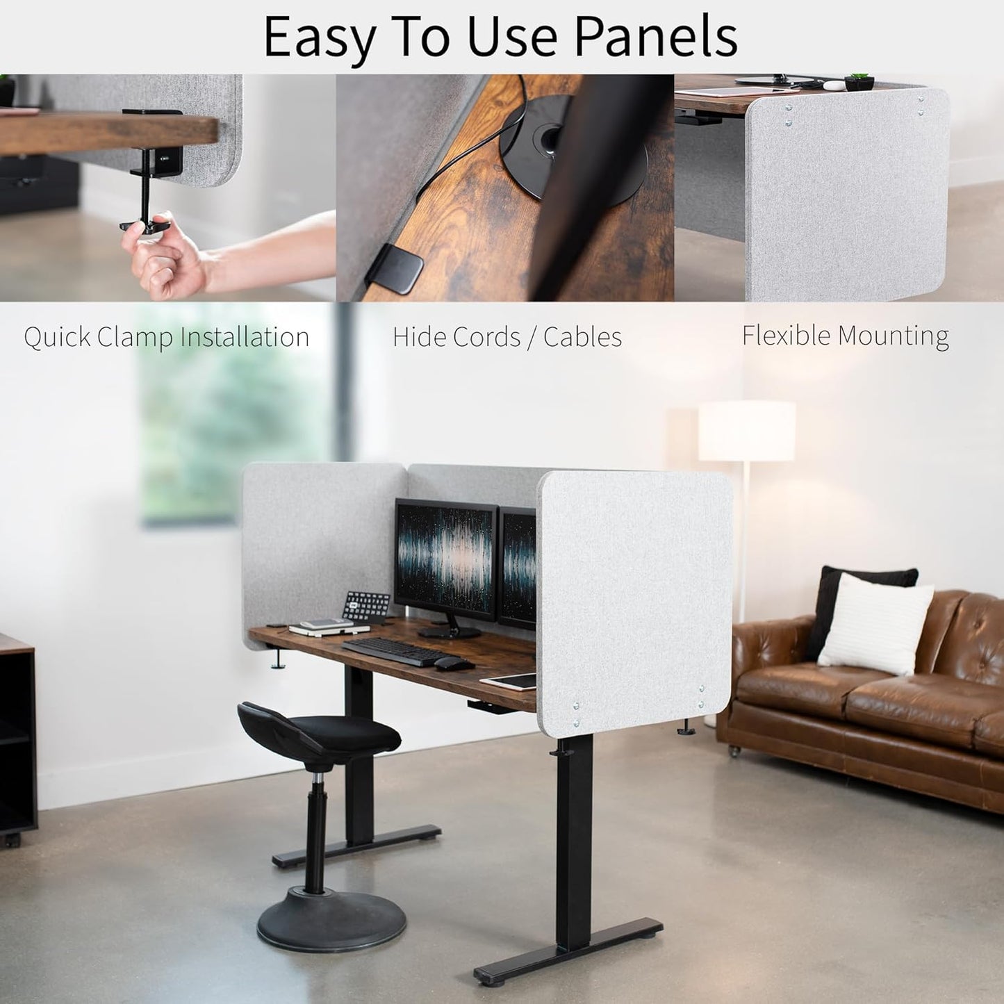 VIVO Clamp-on/Screw-on 60 x 24 inch Privacy Panel, Sound Absorbing Cubicle Desk Divider, Acoustic Partition, Gray, PP-1-V060G