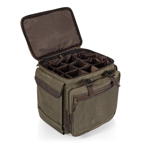 PICNIC TIME Somm - 12 Bottle Insulated Waxed Canvas Wine Bag with Rolling Cart, (Khaki Green with Brown Accents)