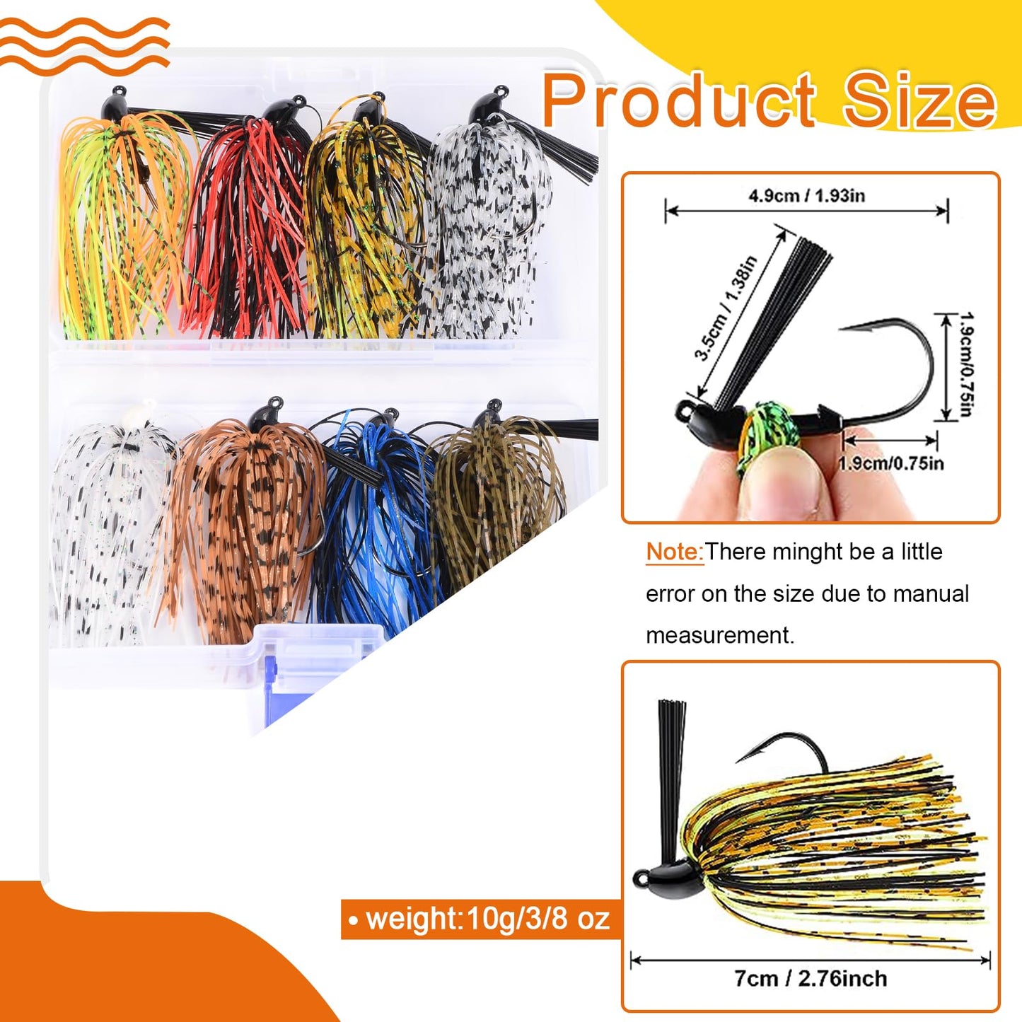 8Pcs Bass Jigs Fishing Lures Weedless Swim Jig with Weed Guard Multicolor Silicone Skirt 10g 3/8 oz Spinnerbait for Bass Pike Trout Saltwater Freshwater Fishing