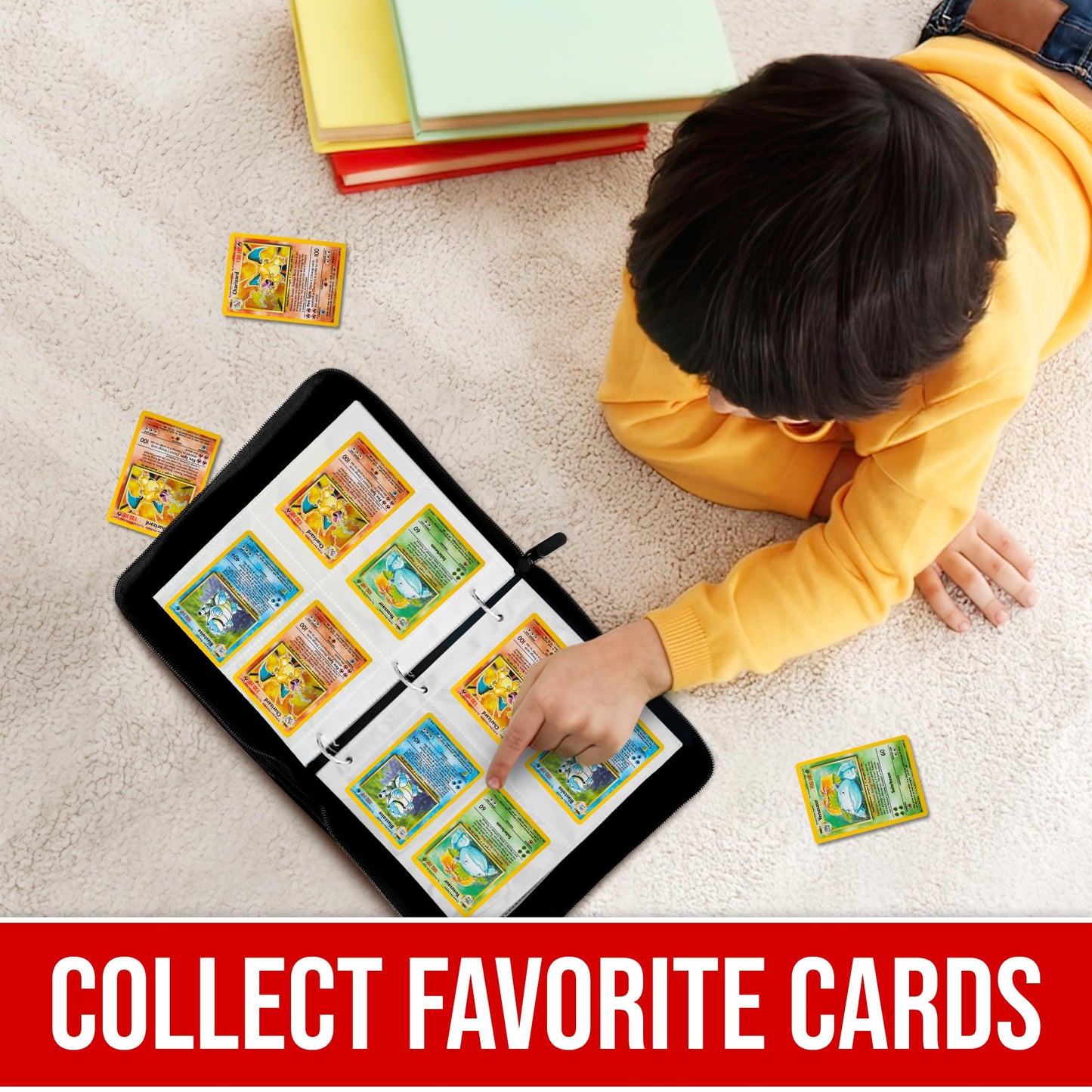 4-Pockets Trading Card Binder PLUS Extra Pack of 100 Sleeves, carries 440 cards in 55 Double sided Pages, FREE Pack of 100 Yellow Sleeves to safely store extra Cards, Premium Zipped PU Leather Cover