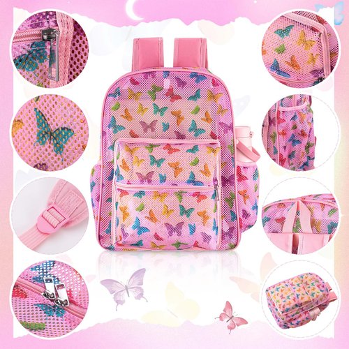 Silkfly 3 Mesh Backpack Set Semi-transparent bag for Women Heavy Duty bookbag with Pocket with Lunch Bag Pencil Case(Butterfly Style)