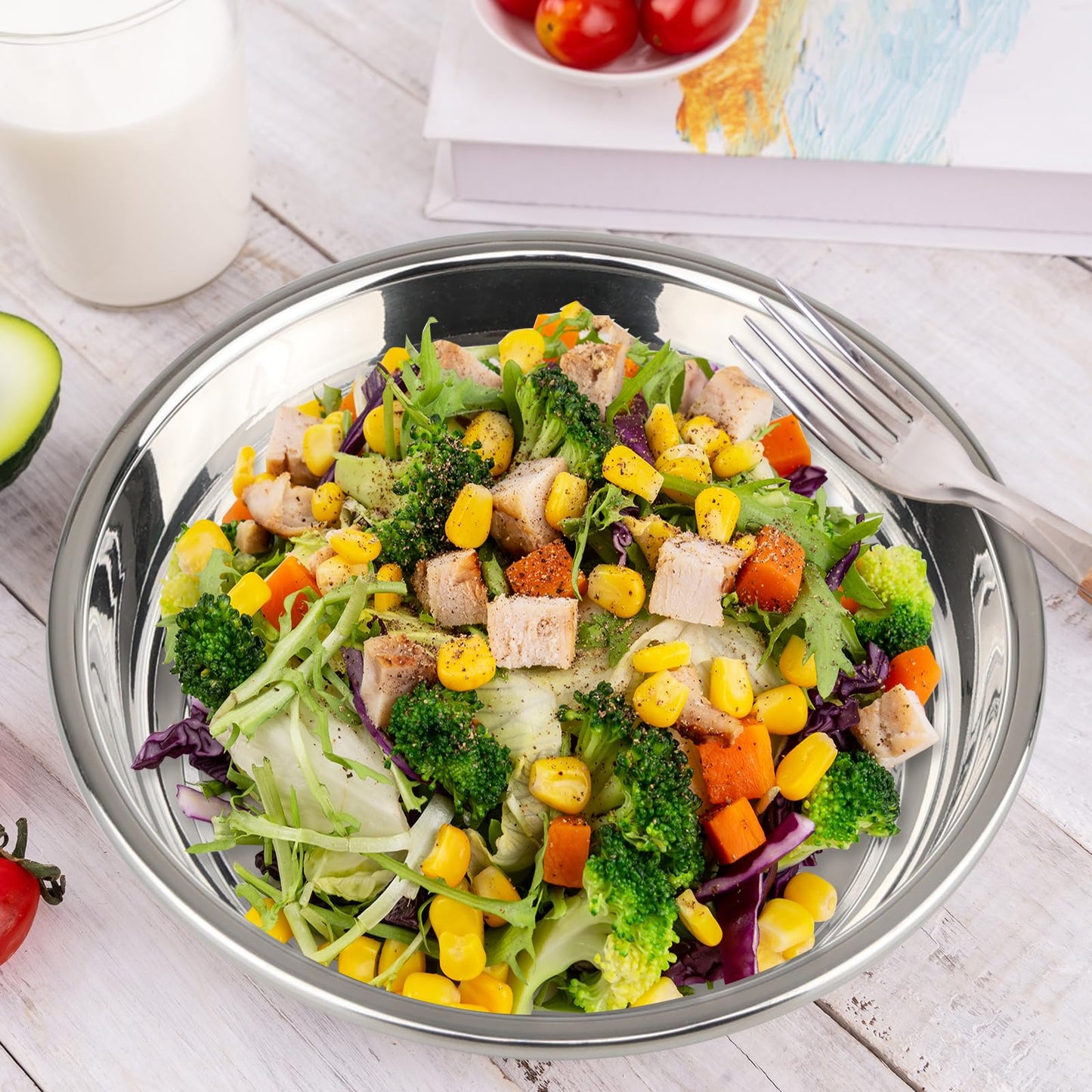 Fabnati Set of 4 Stainless Steel Plates for Eating, Round Camping Serving Plate Set