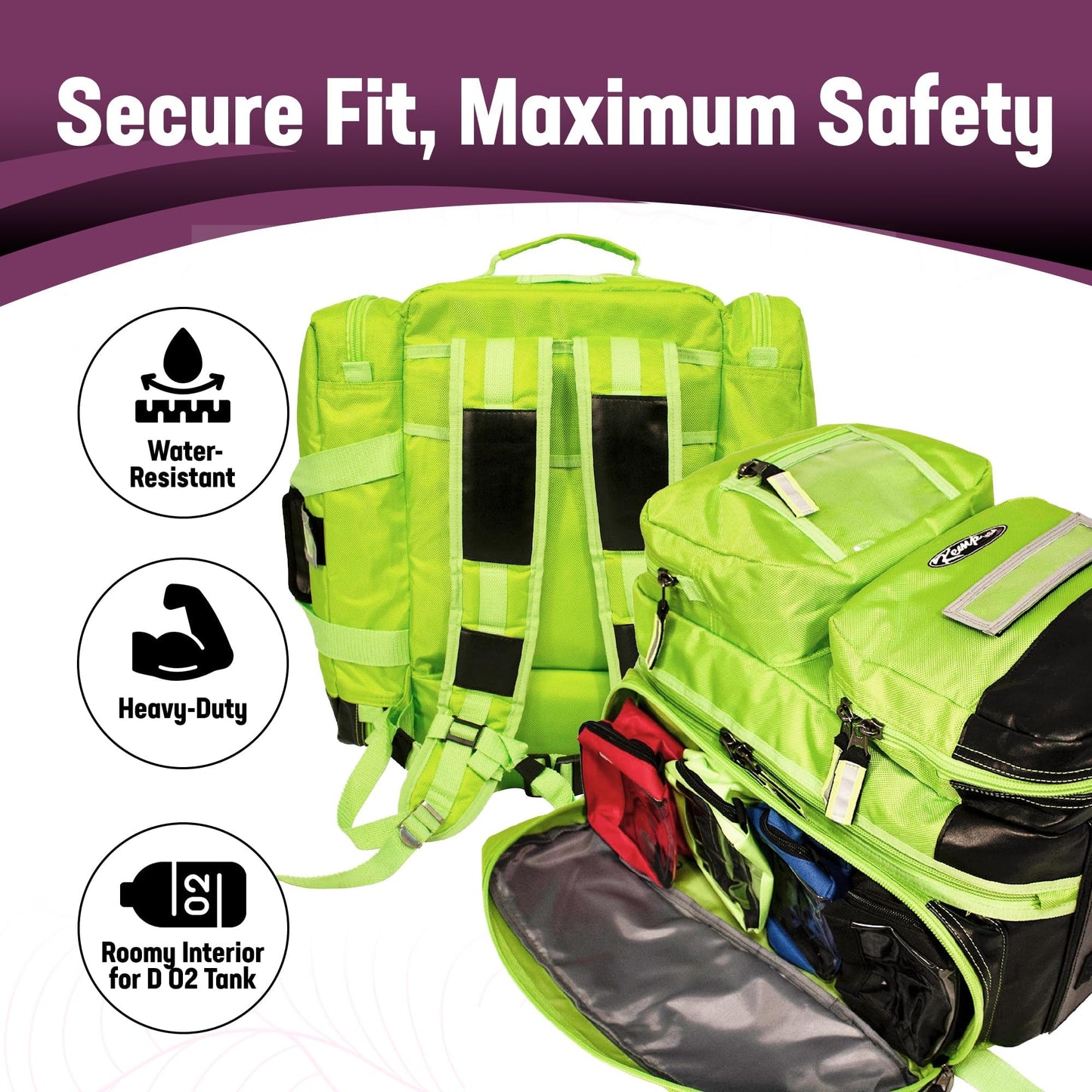 Kemp USA Ultimate EMS Backpack - Emergency Supplies - EMT Bag Fits BLS/ALS Equipment and D Tank Oxygen Cylinder - Multiple Grab Points, Chest & Waist Support Straps & Color-Coded Pouches (Neon Green)