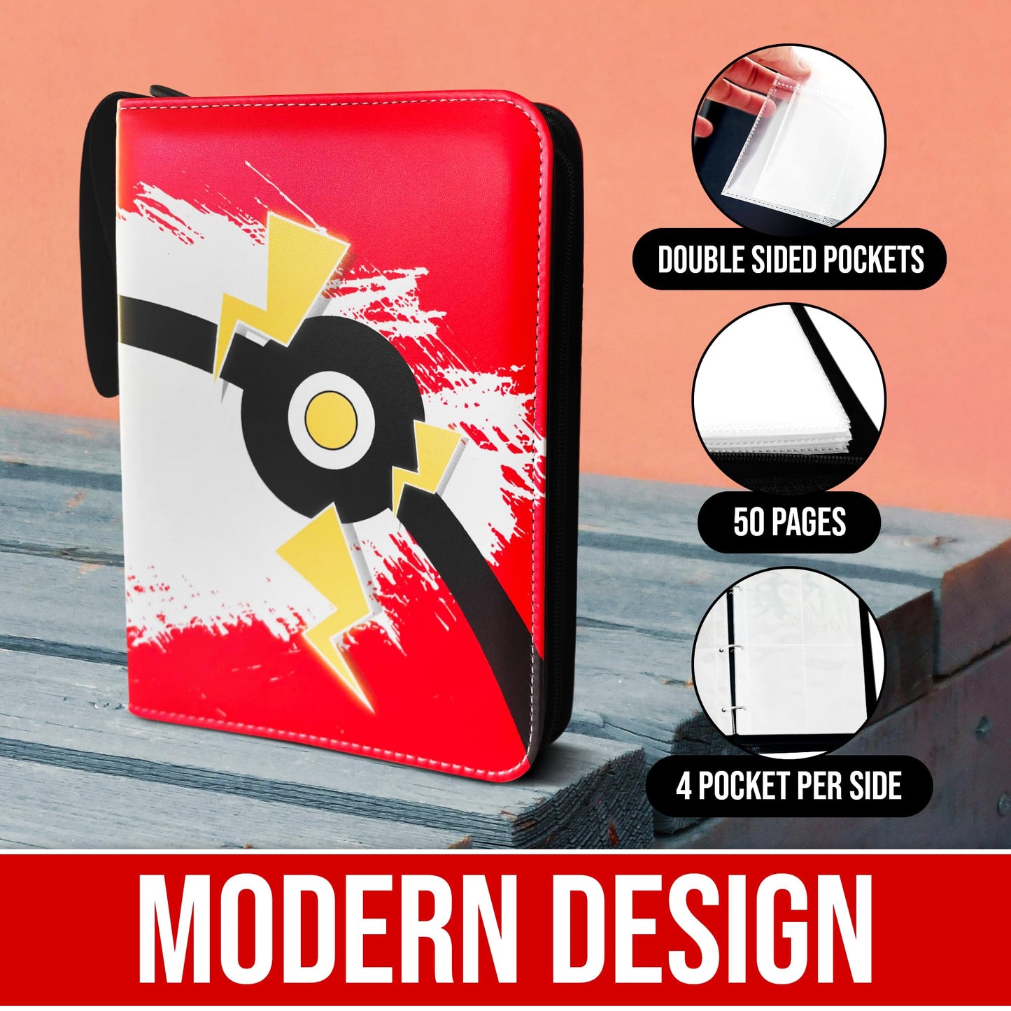 4-Pockets Trading Card Binder PLUS Extra Pack of 100 Sleeves, carries 440 cards in 55 Double sided Pages, FREE Pack of 100 Yellow Sleeves to safely store extra Cards, Premium Zipped PU Leather Cover