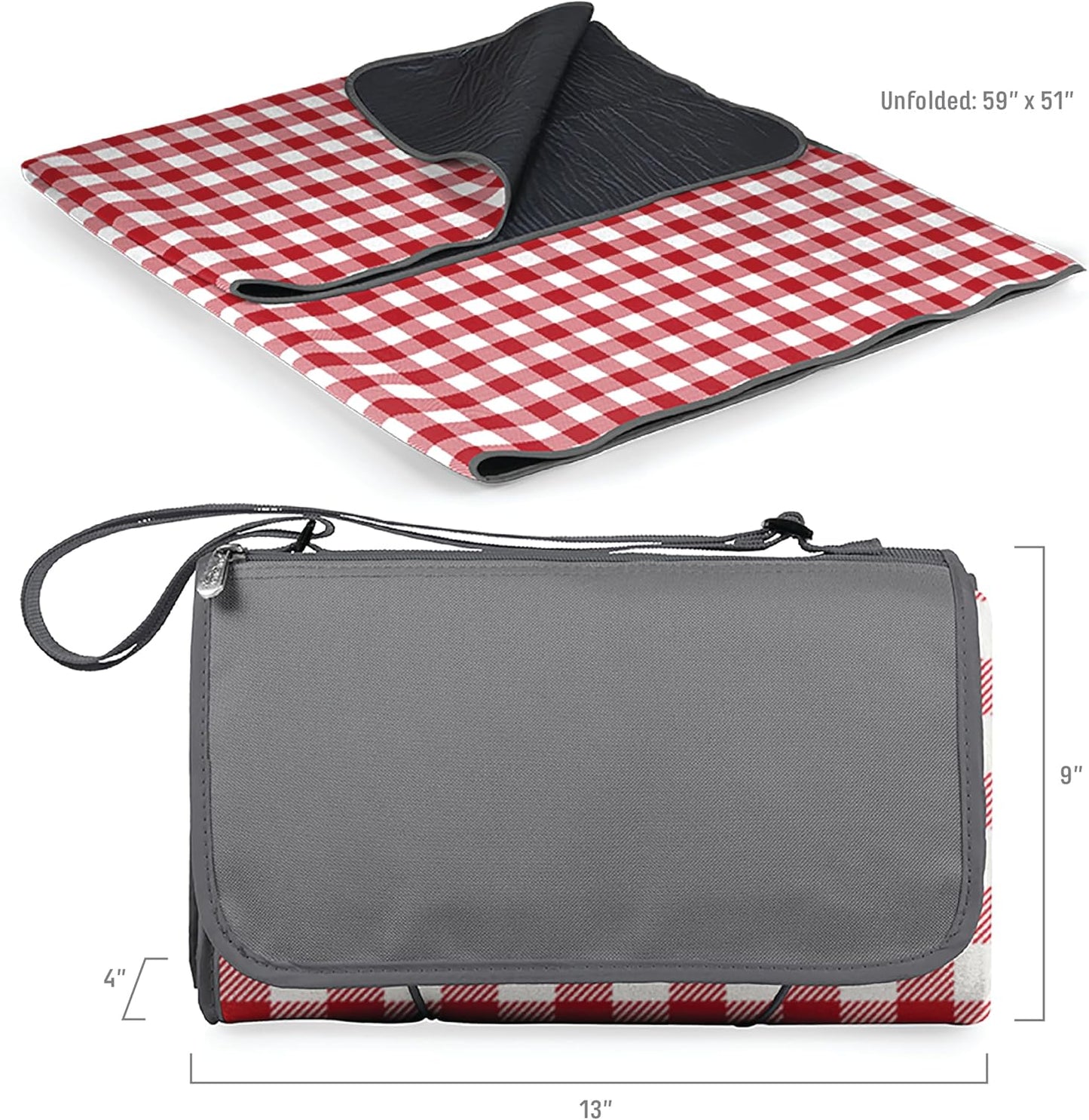 PICNIC TIME Coca-Cola Emoji Blanket Tote Outdoor Picnic Blanket, Beach Blanket, Camping Blanket, (Red & White Gingham Pattern with Gray Flap)
