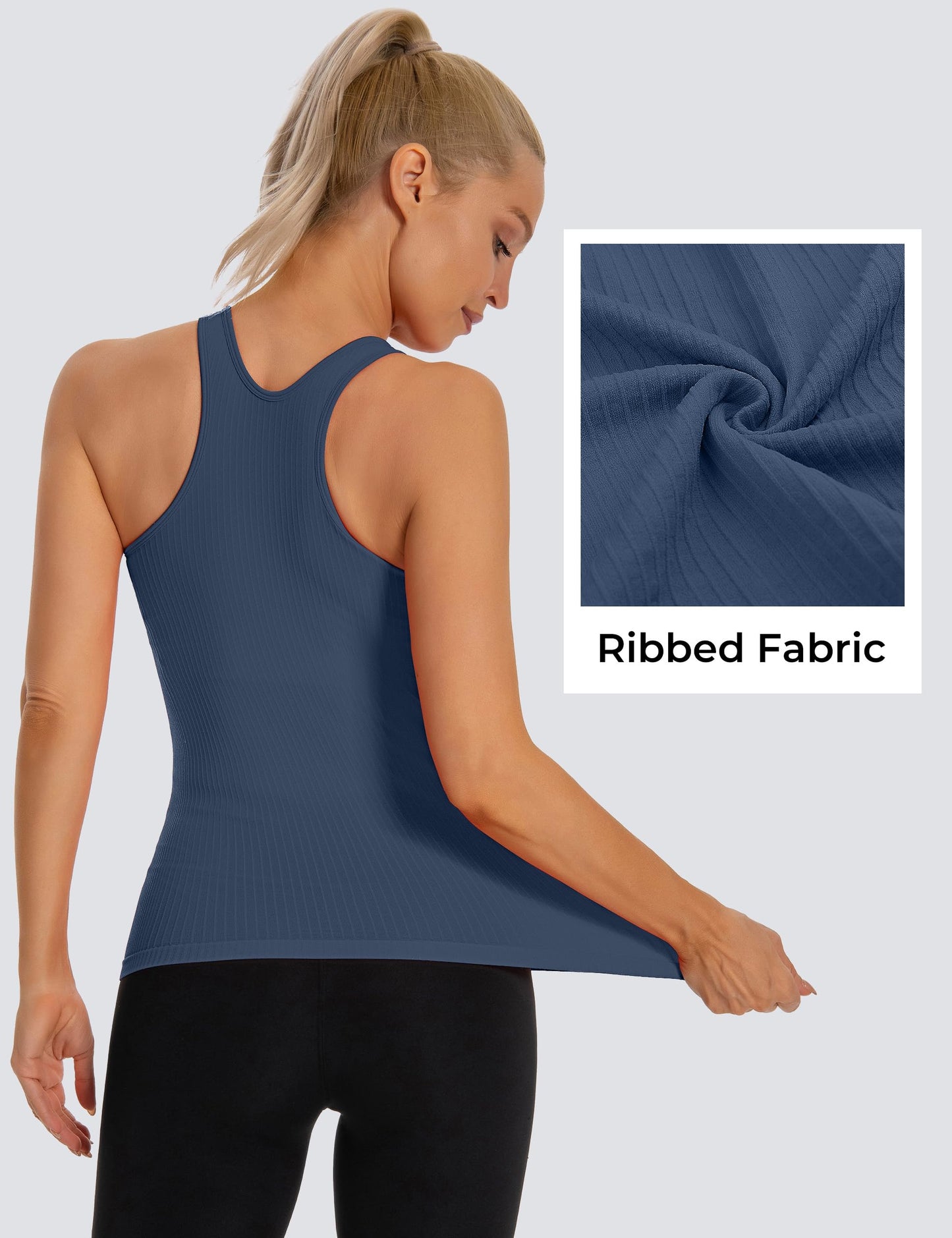 MathCat Seamless Workout Tank Top for Women with Built in Bra, Padded Racerback Ribbed Athletic Yoga Camisole Grey Blue