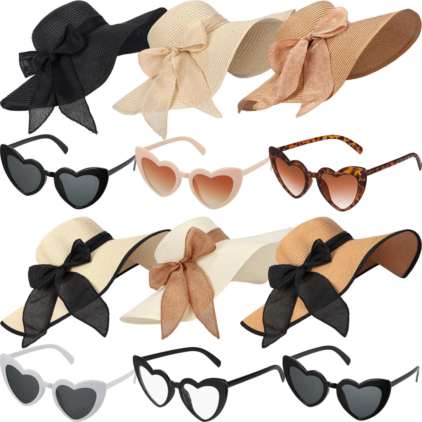 Jeyiour 12 Pcs Women Floppy Summer Hat Wide Brim with Heart Shape Glasses Big Bowknot Straw Hat Sun Hats Heart Sunglasses (Modern Colors)