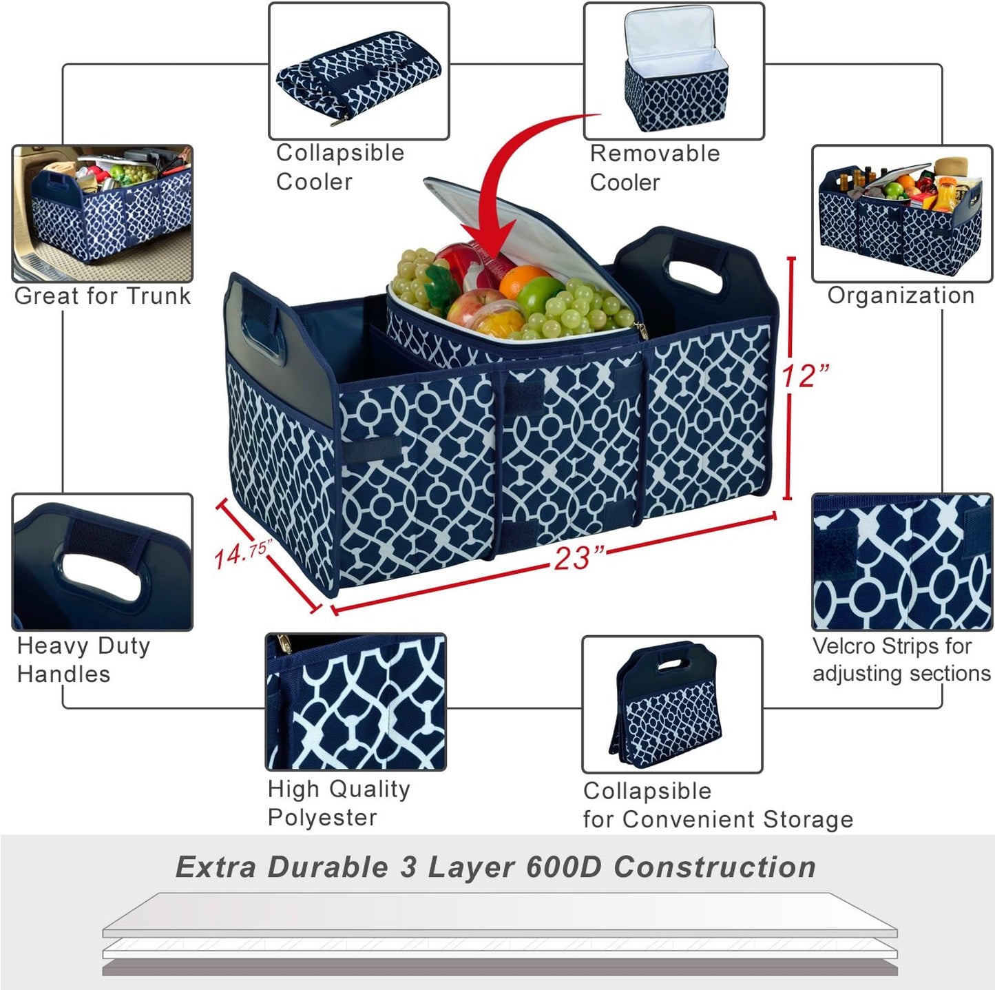 Picnic at Ascot Original Folding Trunk Organizer With Cooler, Red Chevron
