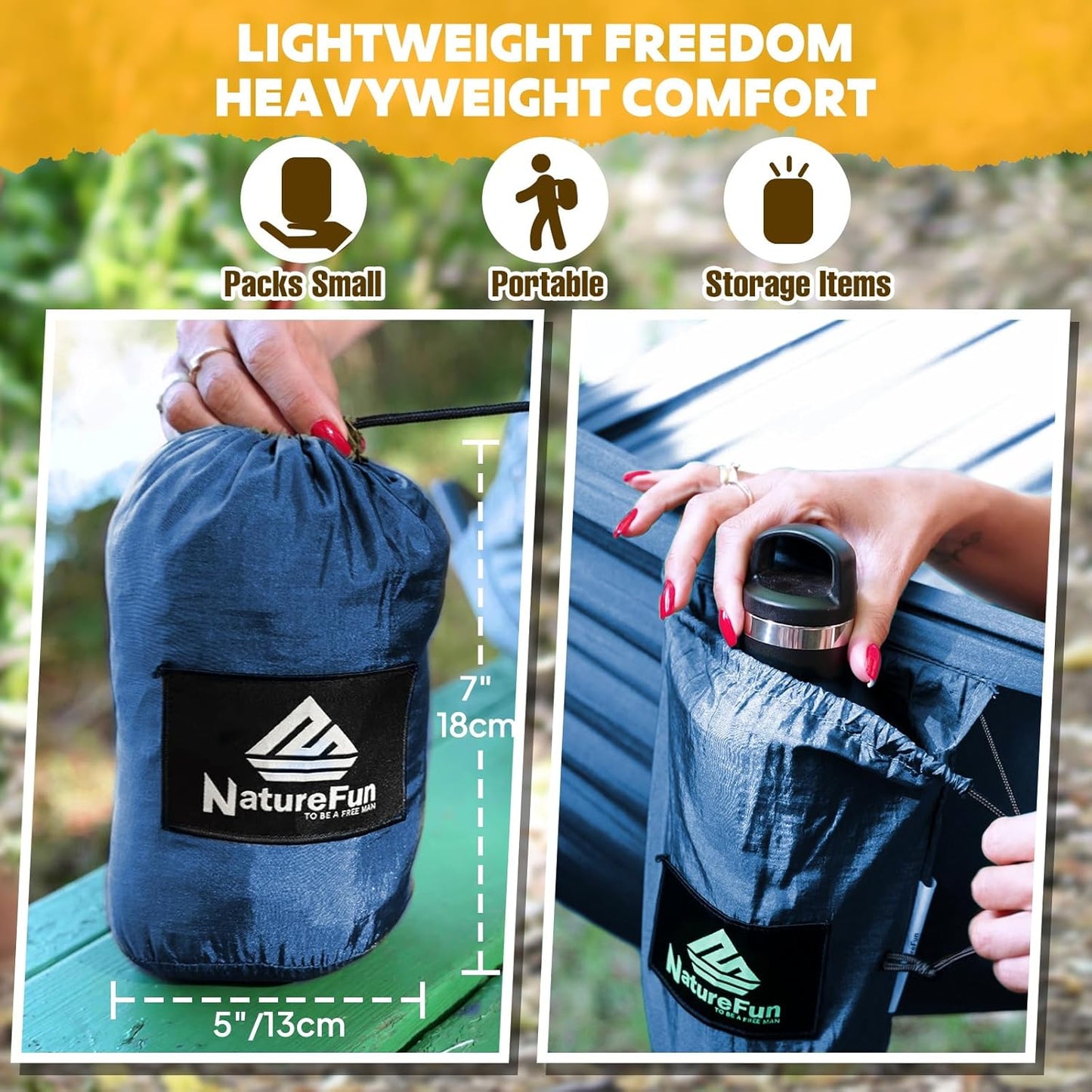 NATUREFUN Ultra-Light Travel Camping Hammock | 300kg Load Capacity,Breathable,Quick-Drying | 2 x Premium Carabiners,2 x Nylon Slings Included | Outdoor Indoor Garden