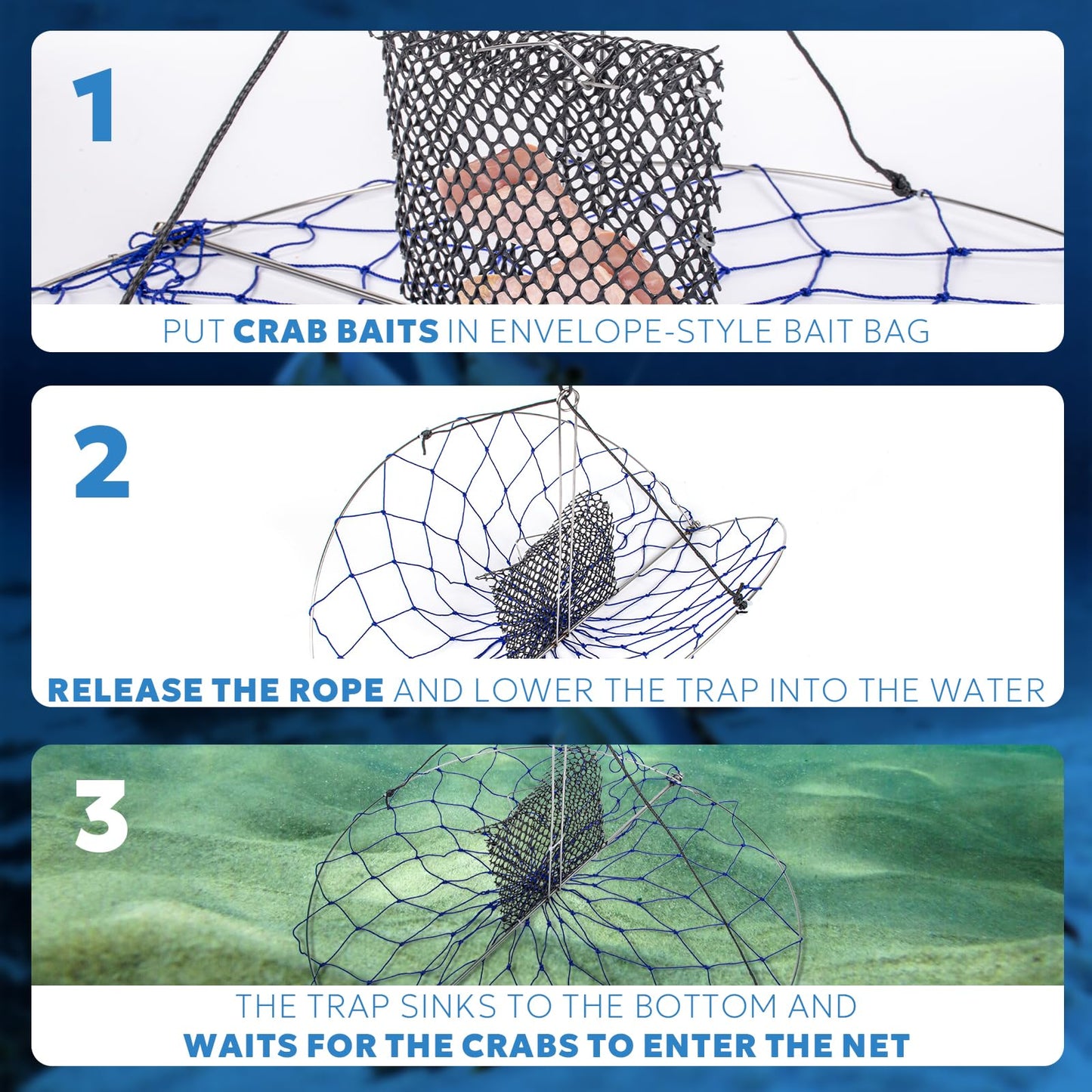 A1FISHER 2 Packs Round Castable Crab Traps Dia 24’’ with 110' Rope, PVC Mesh Bait Bag and Stainless Steel Bait Pin Kit