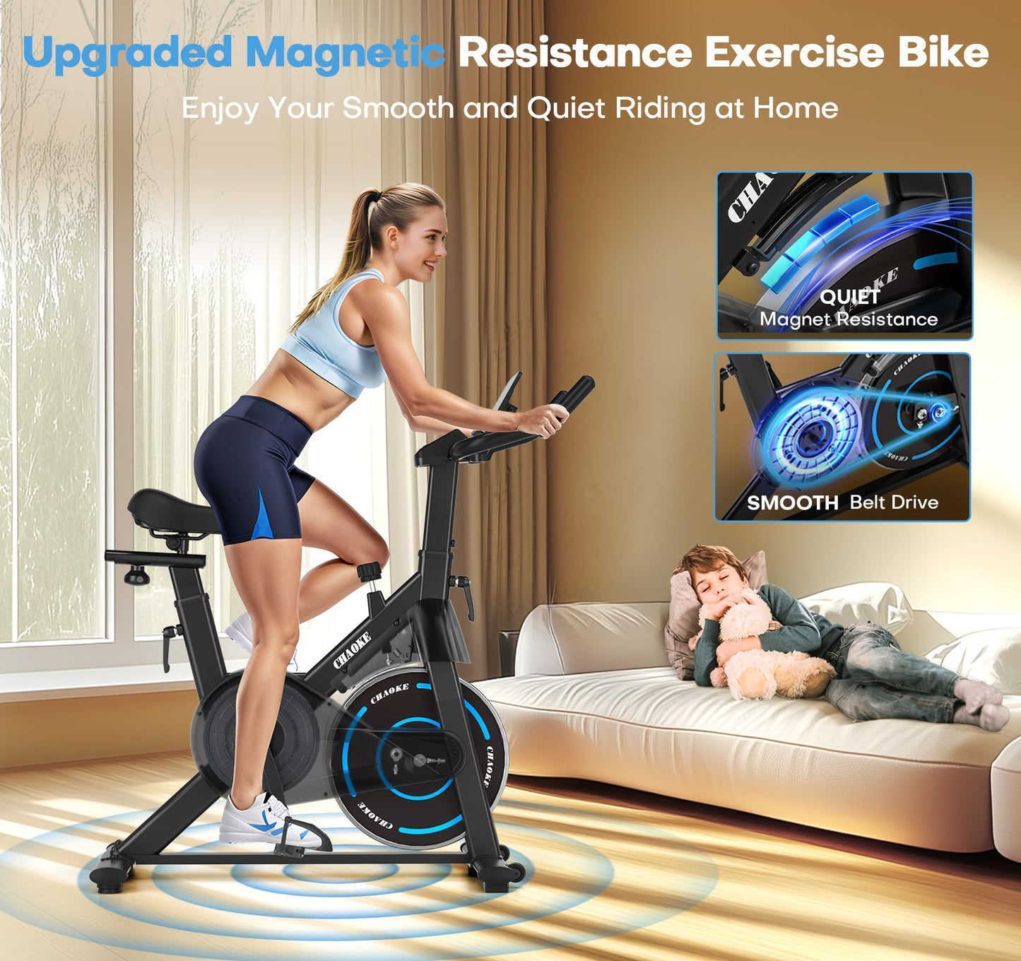 Exercise Bike, CHAOKE Quiet Magnetic Resistance 300LB Capacity Stationary Bike for Home with App Compatible, Indoor Bike with Comfortable Seat and Digital Display