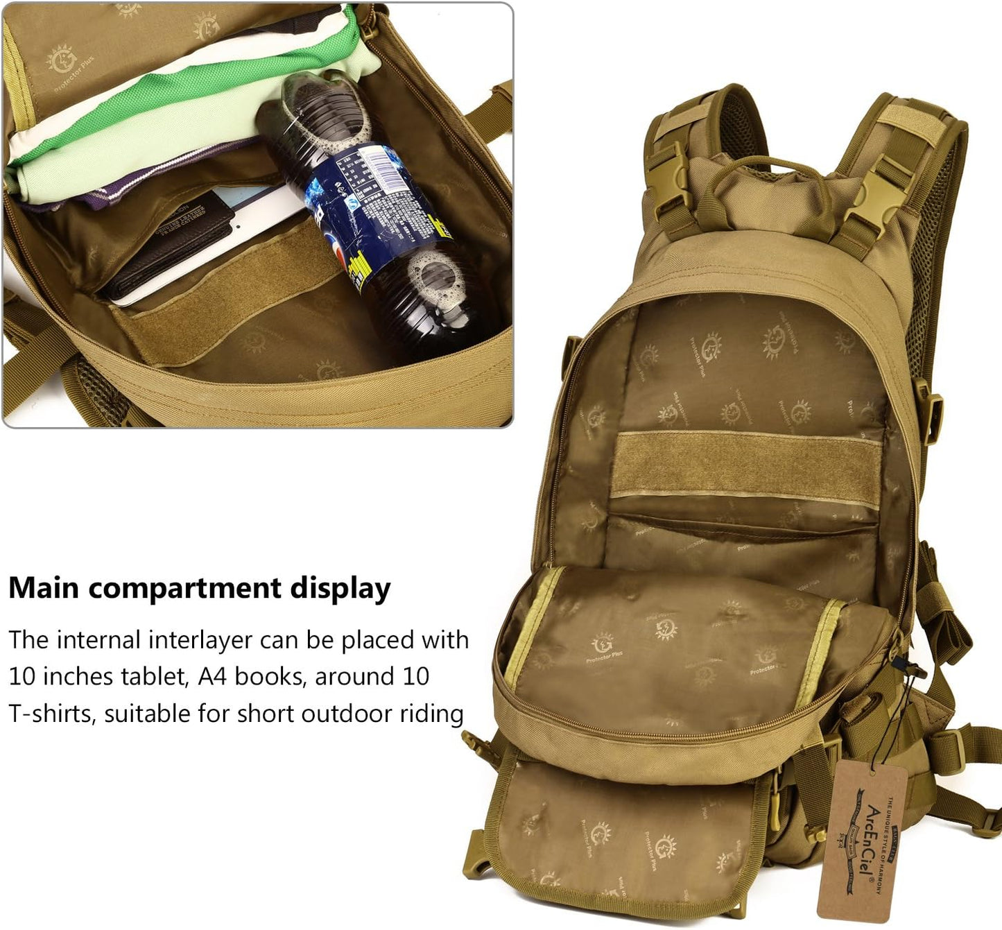 ArcEnCiel 25L Adult Tactical Motorcycle Cycling Backpack Pocket Molle Pack Helmet Holder(Patch&Rain Cover Included)