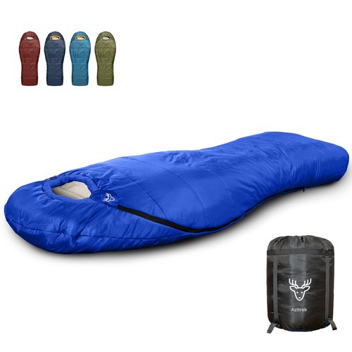 Azitrek 0 Degree Camping Sleeping Bags Mummy for Adults Youth | XXL Big and Tall 3-4 Season Warm Cool Winter Cold Weather Sleeping Bag w. Compression Sack | Side Sleeper Friendly (Lake Tahoe Blue)