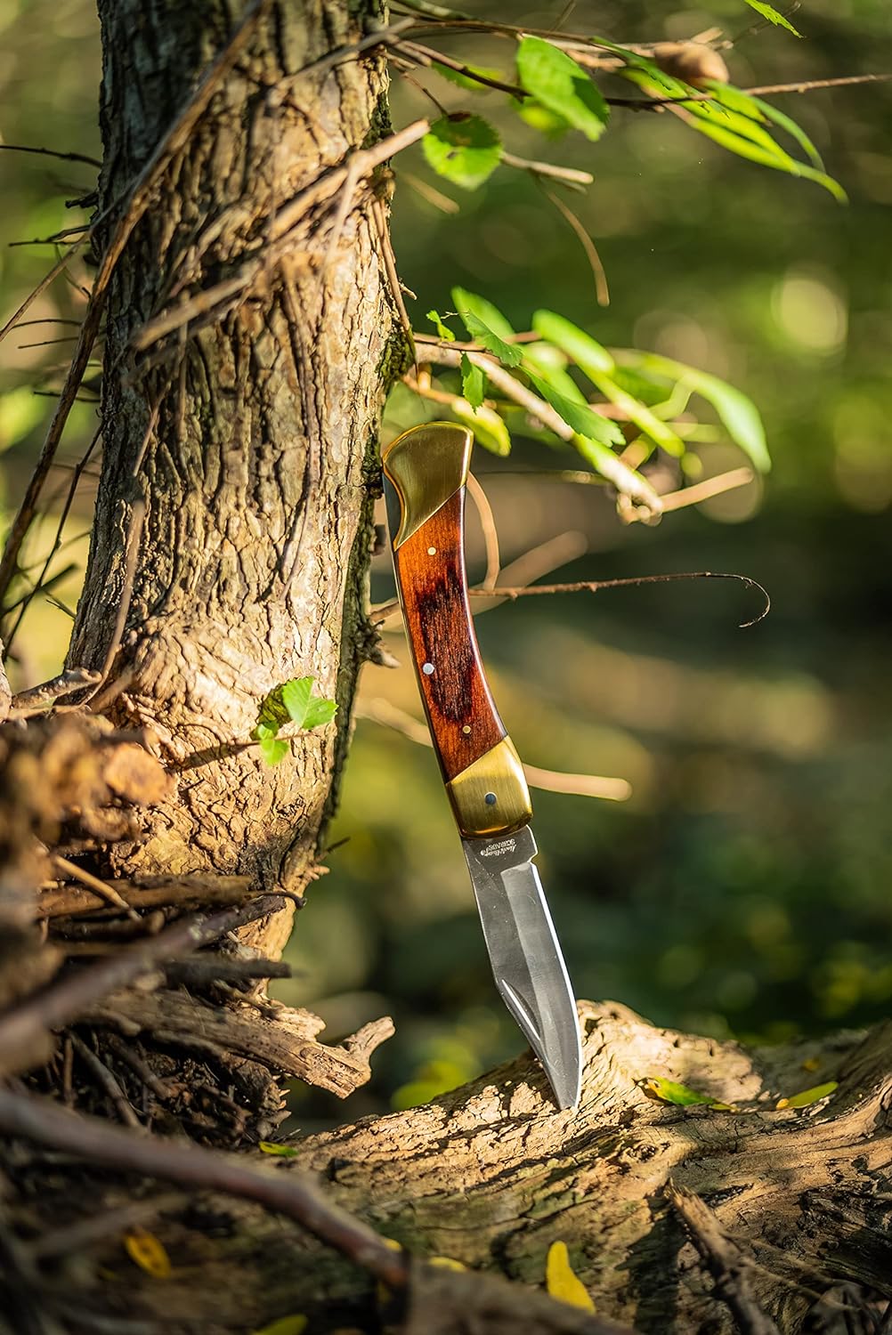Uncle Henry LB7 Bear Paw Traditional Lockback Pocket Knife with 3.7in Clip Point High Carbon S.S. Blade, Wood Handle, Brass Bolsters, and Leather Belt Sheath for EDC, Hunting, Camping, and Outdoors