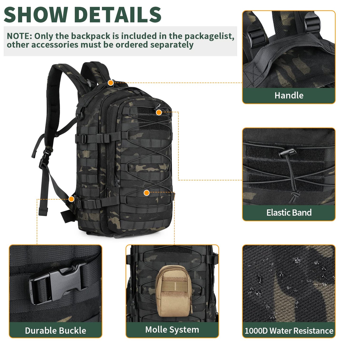 CamGo Military Tactical Backpack 25L MOLLE Hiking Daypack Trekking Rucksack Bug Out Bag for Daily Outdoor Sports (CP Black-25L)