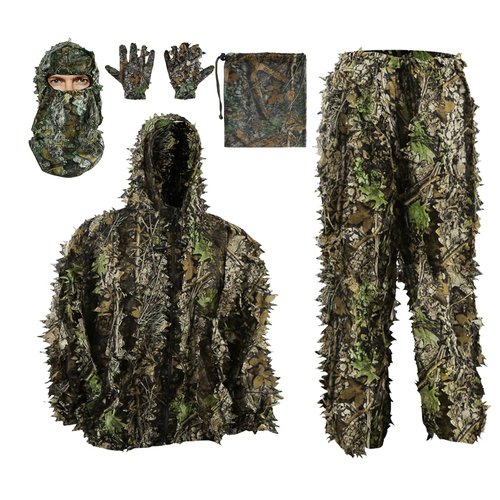 PELLOR Ghillie Suit, 3D Leafy Suit for Hunting Including Hunting Clothes, Hunting Gloves, Leafy Face Mask and Camo Bag for Jungle Shooting Airsoft Woodland Photography or Halloween