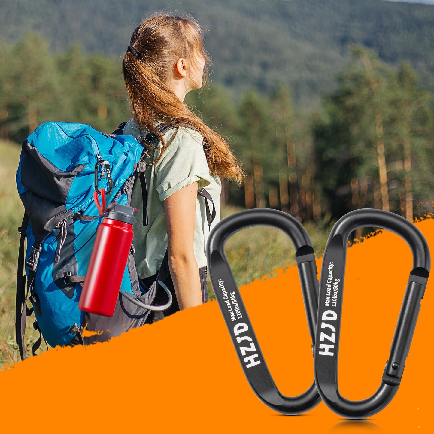 HZJD Carabiner Caribeaner Clip, 110lbs, 3" Aluminum Heavy Duty Black(2PCS)