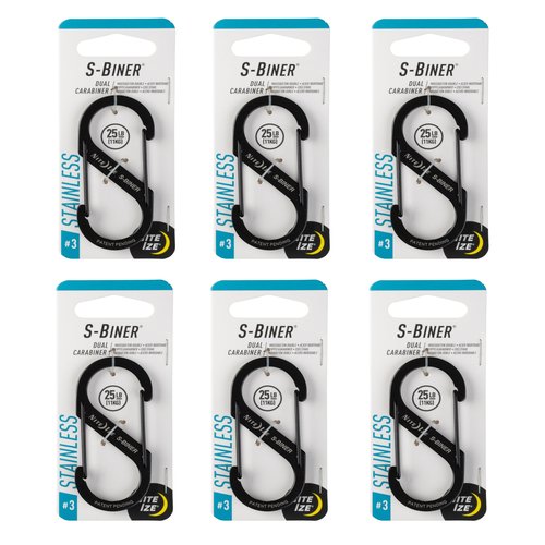 Nite Ize S-Biner Stainless Steel Dual Carabiner - Multi Purpose Dual Carabiner Clip - Great for Camping Supplies & Hiking Essentials - Secure Key Holder - Size 3, Black (6 Pack)