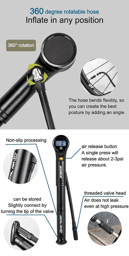 GORIX Bike Portable Pump, Bicycle Air Pump High Pressure 320pis with Digital Gauge Air Gauge Presta Schraeder (GX-MPE320)