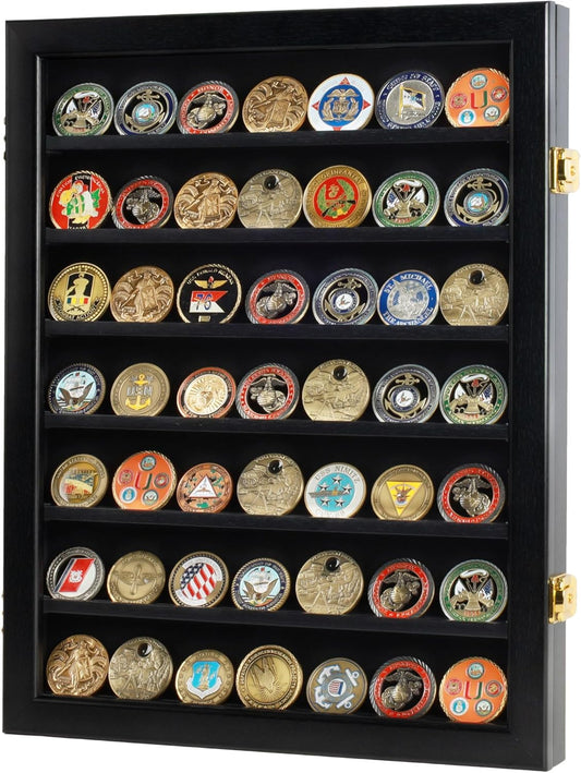 Military Challenge Coin Display Case - Wall Mount Cabinet for Coins & Poker Chips, 17.5x14 Black Frame