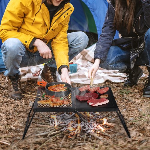 Lineslife 17'' Folding Campfire Grill Grate and Griddle, Portable Heavy Duty Steel Fire Pit Cooking Grill Grate, Camp Fire Cooking Equipment for Outdoor BBQ Picnic, Black