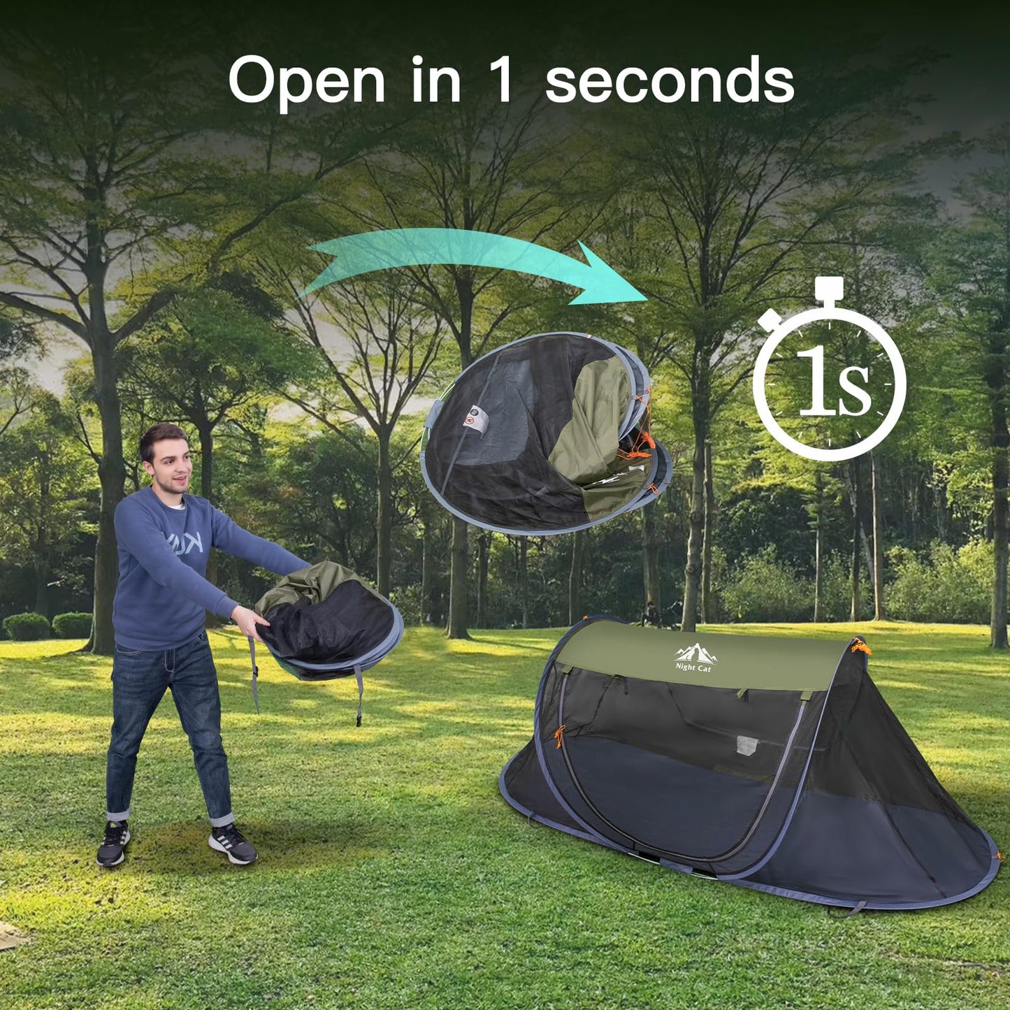 Night Cat Pop-up Mosquito Tent: 1 Person Camping Tent with Bug Screen Net Adults Fits with Camping Cot (Excluded)