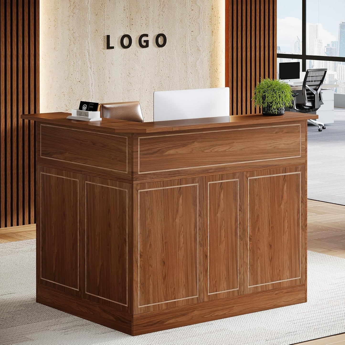 Tribesigns Reception Desk with Storage Shelves, L-Shaped Modern Front Desk, Reception Counter Table for Small Office, Salon, Checkout Office, Black