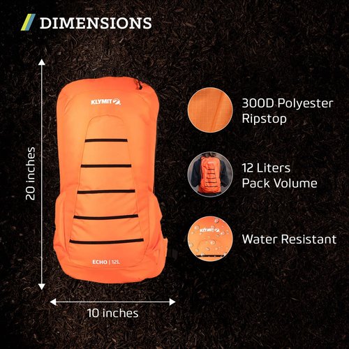 KLYMIT Echo 12L Hydration Pack | Hiking Backpack with 3 Liter Hydration Bladder and Large Storage Compartment — Orange/Black